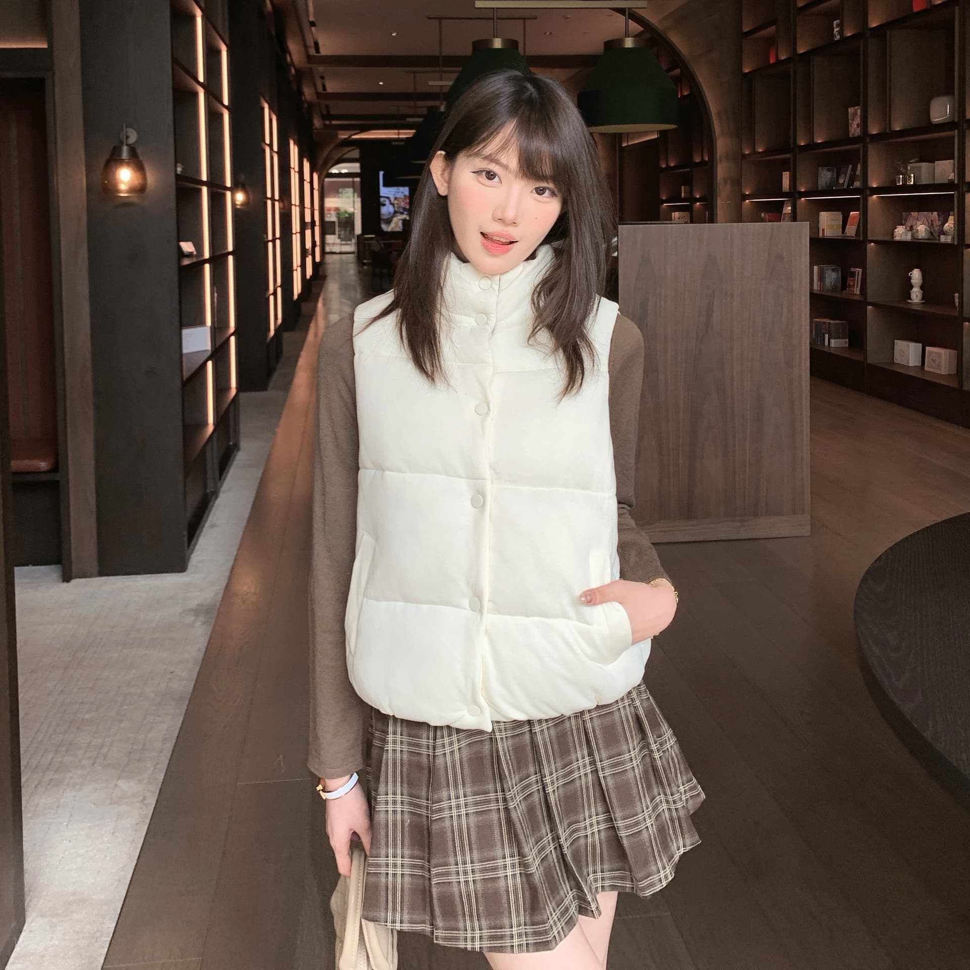 한 부서 Chic 패치워크 체크무늬 스탠드 칼라 베스트 면 의류 여성 작은 키 겨울 두꺼운 보온 방풍 면 옷 재킷 이미지 5