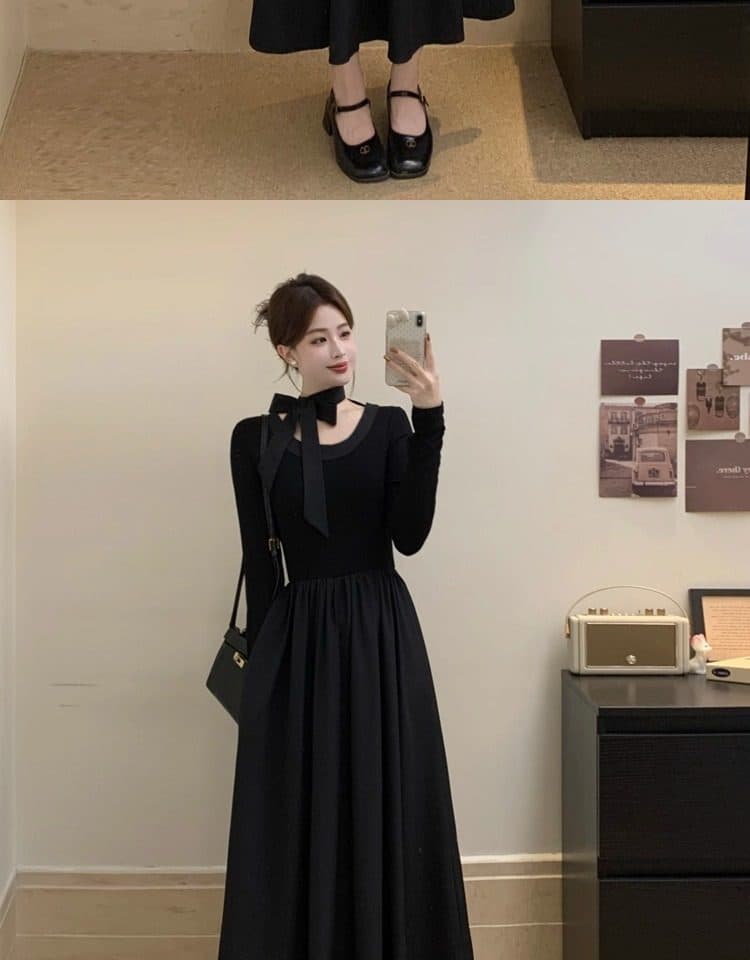 2026 새로운 프랑스식 품격 우아함 고급 센스 여성 드레스 가을 그는 벤 바람 작은 검은 드레스 상세 이미지 7