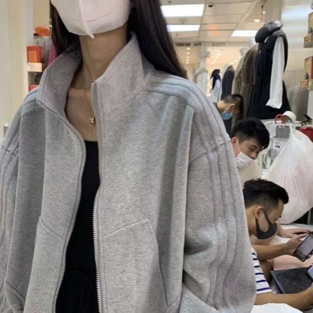 새로운 봄 가을 야구 유니폼 다용도 운동 재킷 단색 스탠드 칼라 루즈핏 캐주얼 슬림해 보이는 짧은 외투 바람의 소리 트렌디 이미지 3
