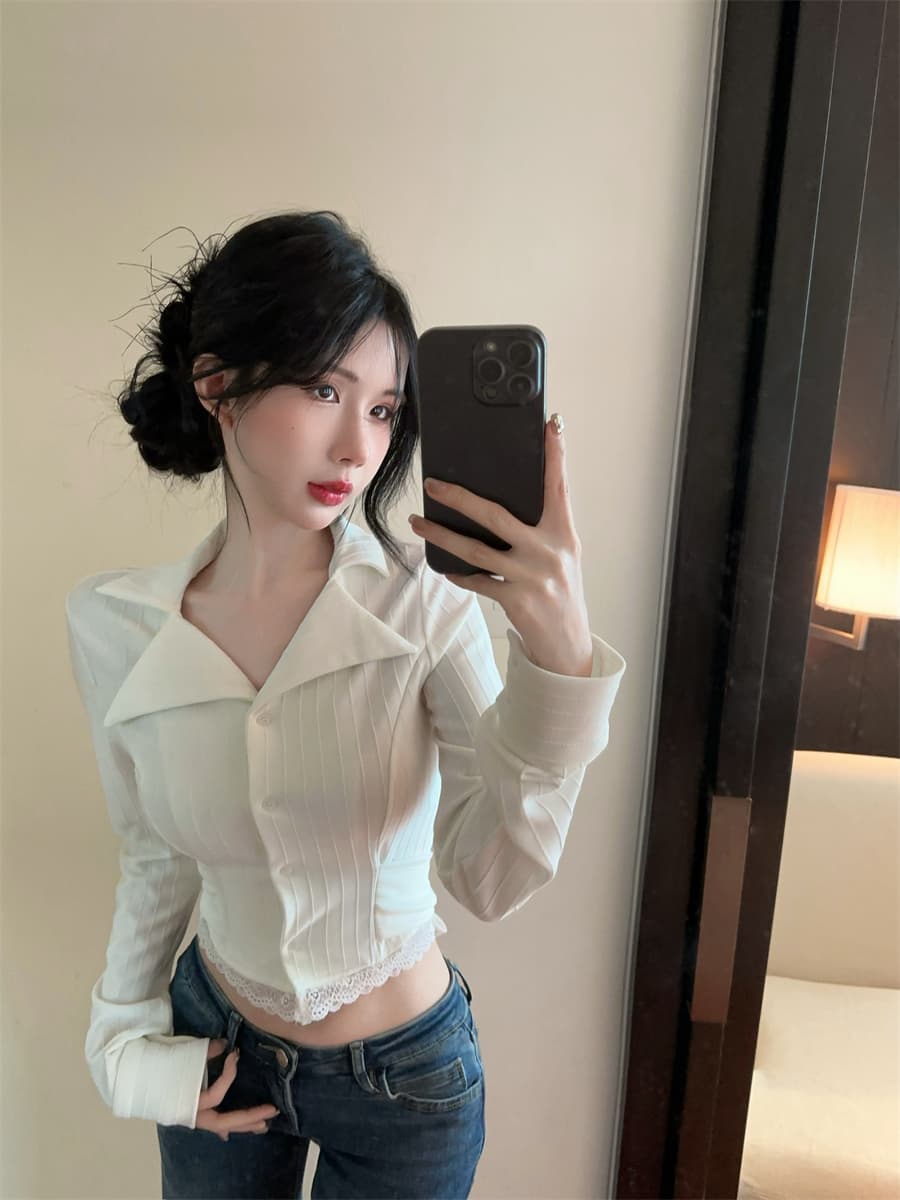 원본 품질 한 부서 화이트 여성 셔츠 봄 여름 chic 핫걸 디자인 센스 작은 대중 쇼트 스타일 품격 맨위 상세 이미지 4