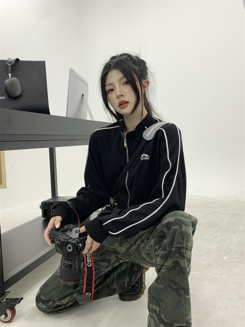 흔들어서 톤 품질 아메리칸 후드티 여성 긴 소매 하이웨이스트 재킷 가을 레트로 지퍼 오픈 가디건 쇼트 스타일 맨위 상세 이미지 6