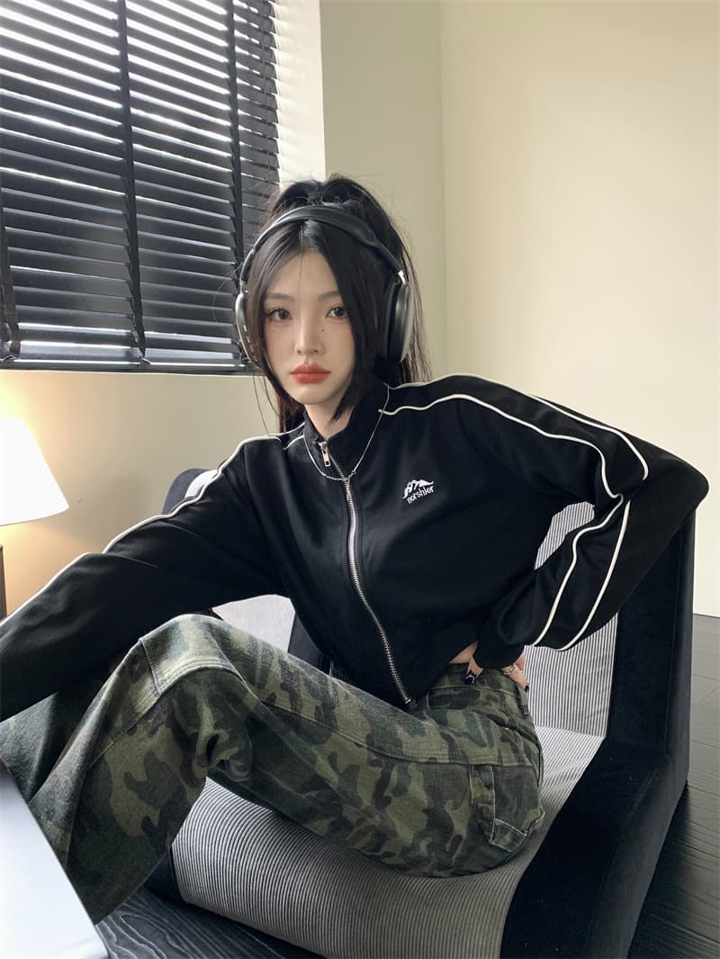 흔들어서 톤 품질 아메리칸 후드티 여성 긴 소매 하이웨이스트 재킷 가을 레트로 지퍼 오픈 가디건 쇼트 스타일 맨위 상세 이미지 10
