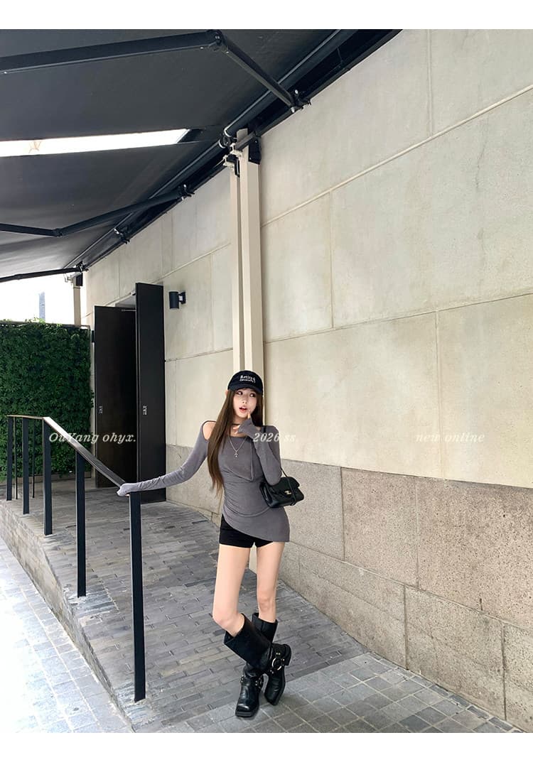 원본 품질 회색 긴팔 티셔츠 슬림해 보이는 불규칙 종이 사람들 자외선 차단 블라우스 꼬집기 허리 위로 의류 상세 이미지 49