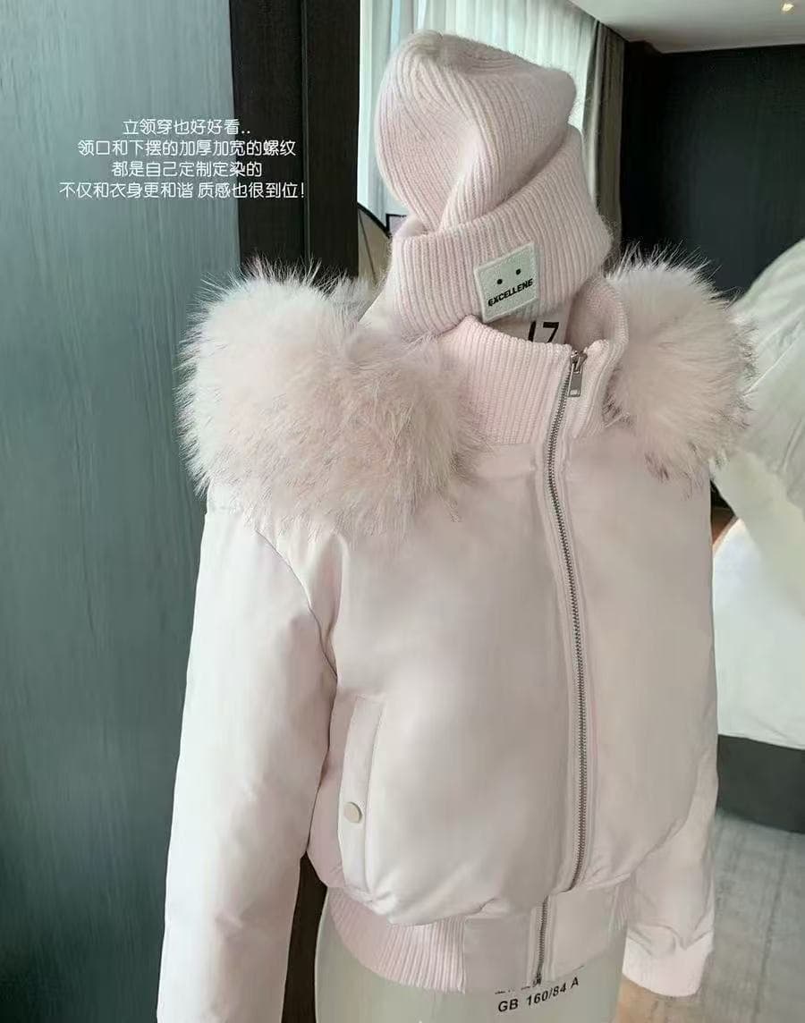 핑크색 모피 칼라 후드 쇼트 스타일 면 의류 여성 겨울 새로운 슈퍼 잘 생긴 허리 수축 보온 재킷 큰 모피 칼라 다운 재킷 이미지 4