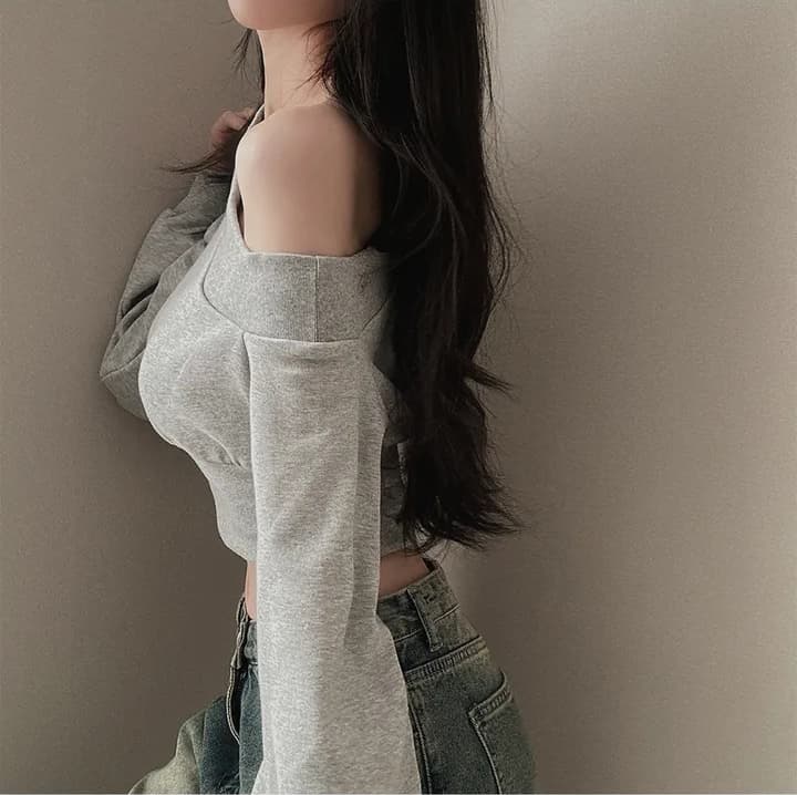 한국 chic 가을 작은 대중 개성 불규칙 비스듬한 칼라 오프숄더 허리 수축 슬림해 보이는 다용도 쇼트 스타일 긴팔 후드티 여성 상세 이미지 4