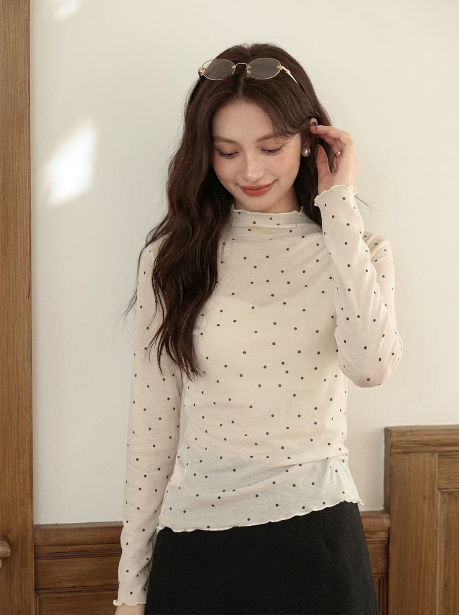 부드러운 바람 도트 무늬 긴팔 기본 셔츠 여성 봄 가을 새로운 반하이넥 인사이드 가져 가라. 스택 착용 프랑스식 품격 맨위 상세 이미지 7