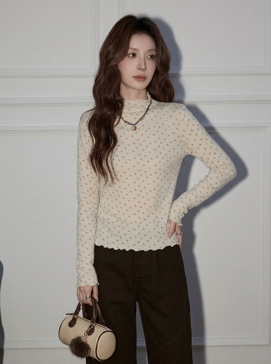 작은 터틀넥 기본 셔츠 여성 가을 겨울 인사이드 가져 가라. 몸매 가꾸기 슬림해 보이는 꽃무늬 긴팔 맨위 프릴 품격 다용도 티셔츠 상세 이미지 3