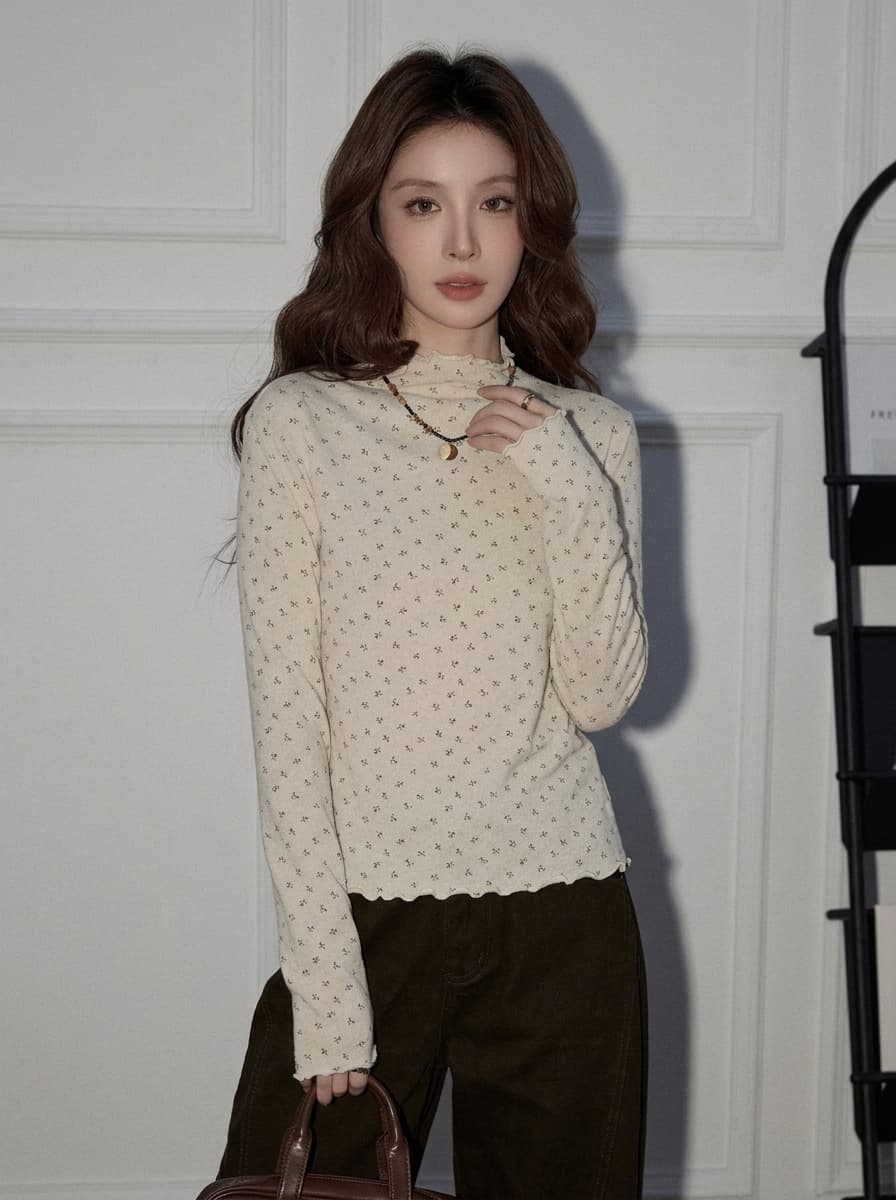 작은 터틀넥 기본 셔츠 여성 가을 겨울 인사이드 가져 가라. 몸매 가꾸기 슬림해 보이는 꽃무늬 긴팔 맨위 프릴 품격 다용도 티셔츠 상세 이미지 4