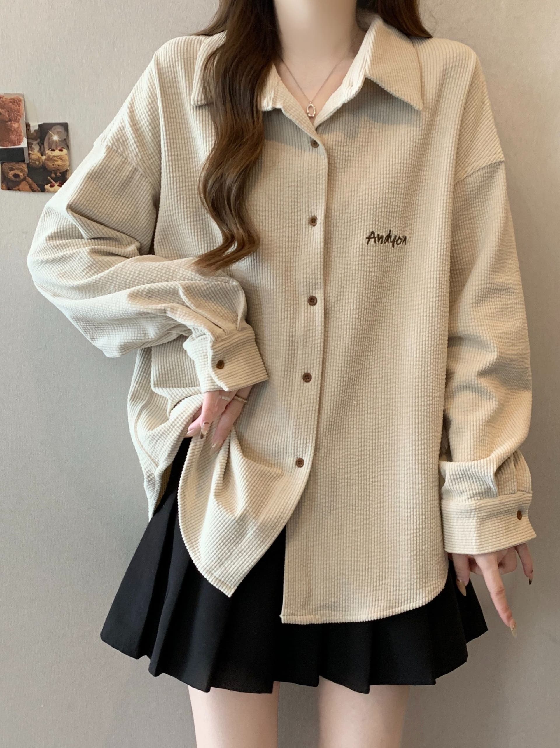 경관 그림 흔들어서 톤 품질 유럽 면 벨벳 자수 가을 중간 길이 POLO 칼라 고급 센스 셔츠 빅 사이즈 맨위 여성 상세 이미지 5