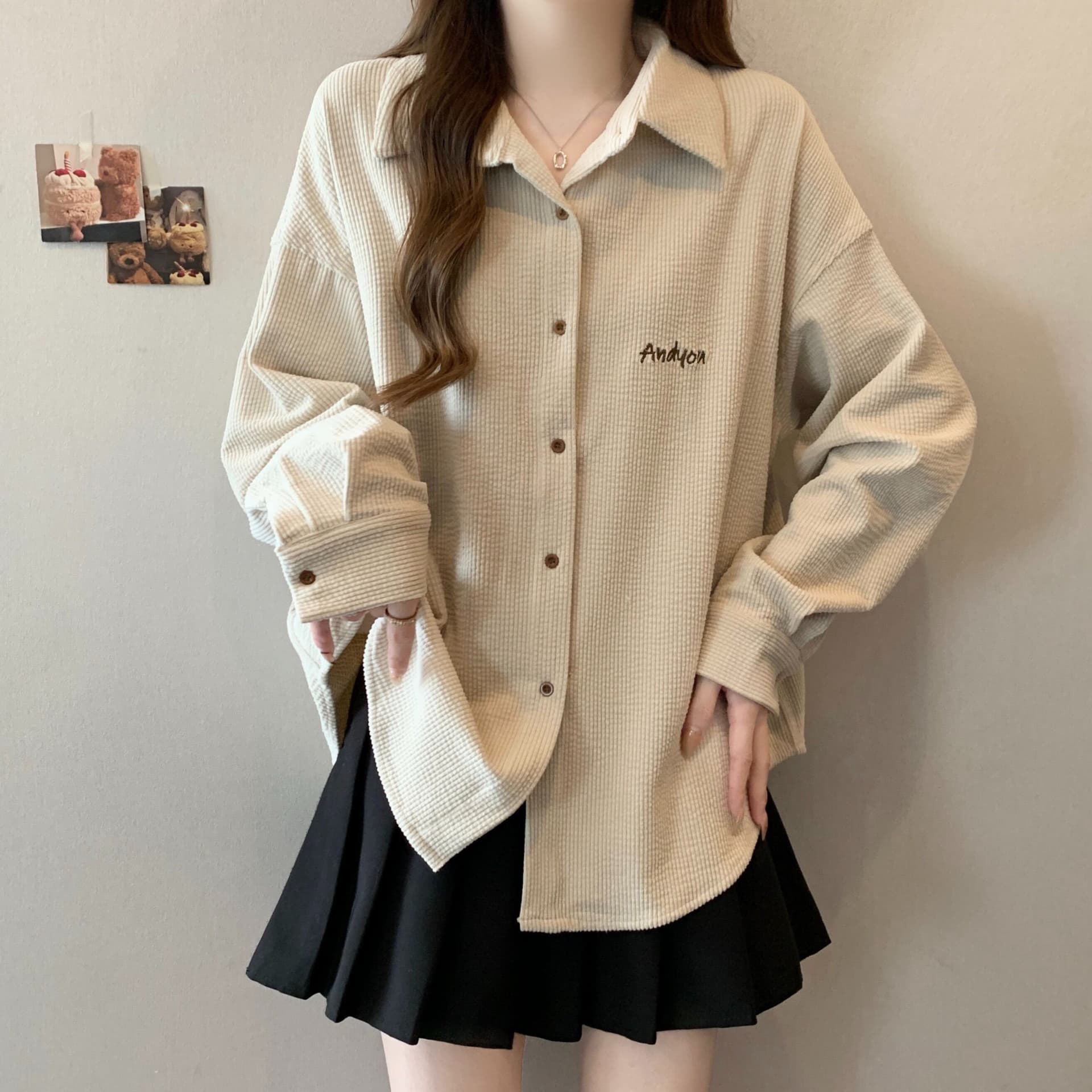 경관 그림 흔들어서 톤 품질 유럽 면 벨벳 자수 가을 중간 길이 POLO 칼라 고급 센스 셔츠 빅 사이즈 맨위 여성 상세 이미지 7