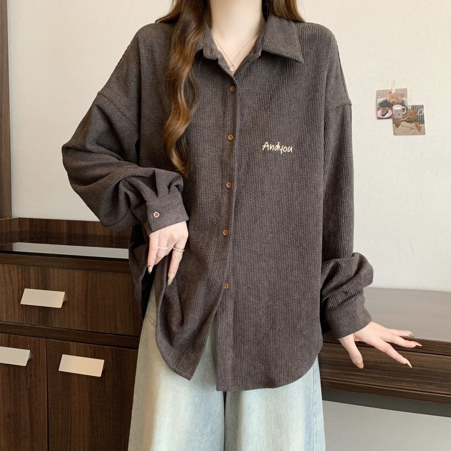 경관 그림 흔들어서 톤 품질 유럽 면 벨벳 자수 가을 중간 길이 POLO 칼라 고급 센스 셔츠 빅 사이즈 맨위 여성 상세 이미지 29