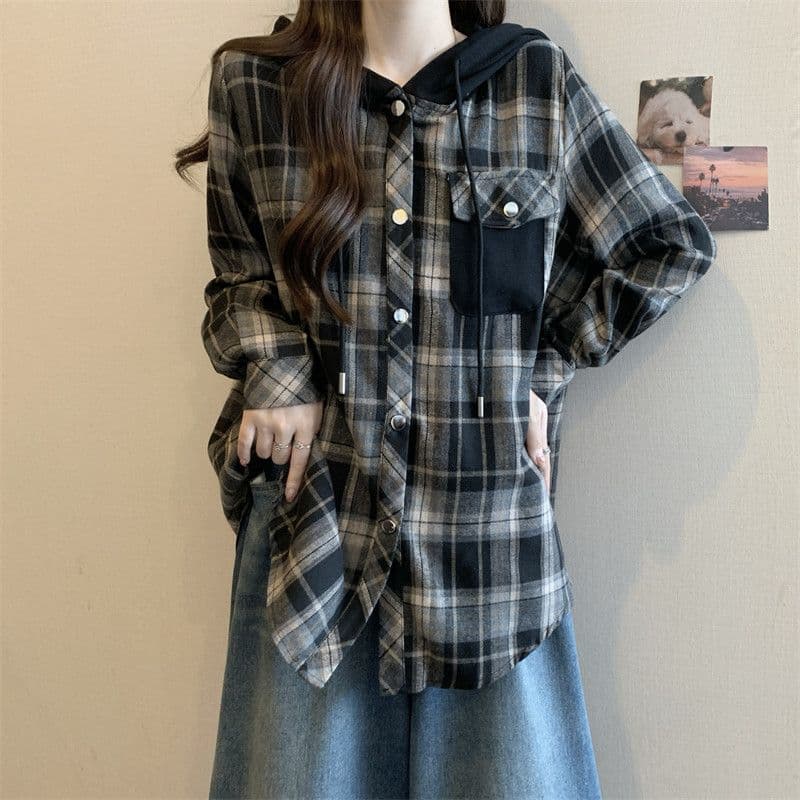 경관 그림 원본 천 체크무늬 흔들어서 톤 품질 가을 새로운 체크무늬 후드 셔츠 재킷 빅 사이즈 루즈핏 캐주얼 셔츠 상세 이미지 4