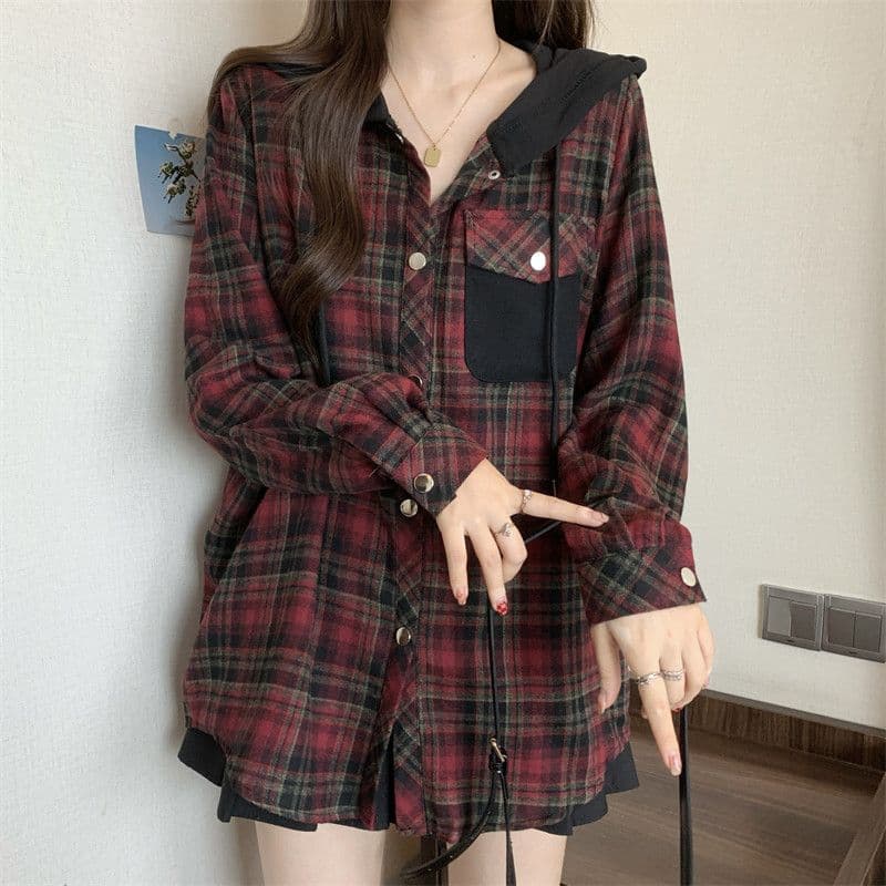경관 그림 원본 천 체크무늬 흔들어서 톤 품질 가을 새로운 체크무늬 후드 셔츠 재킷 빅 사이즈 루즈핏 캐주얼 셔츠 상세 이미지 18