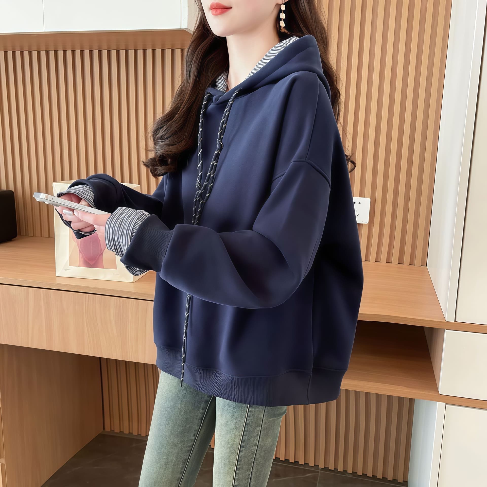 실사 가을 얇은 스타일 순수한 Mianhua 면 복잡한 우유 실크 후드 패치워크 색상 페이크 레이어드 POLO 칼라 후드티 빅 사이즈 재킷