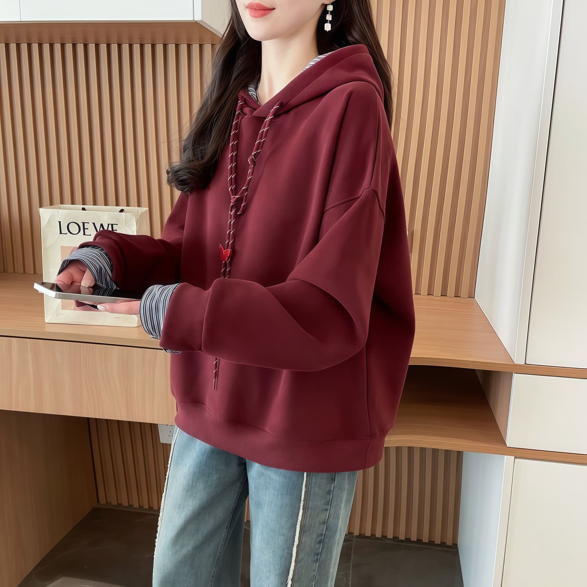 실사 가을 얇은 스타일 순수한 Mianhua 면 복잡한 우유 실크 후드 패치워크 색상 페이크 레이어드 POLO 칼라 후드티 빅 사이즈 재킷 상세 이미지 4