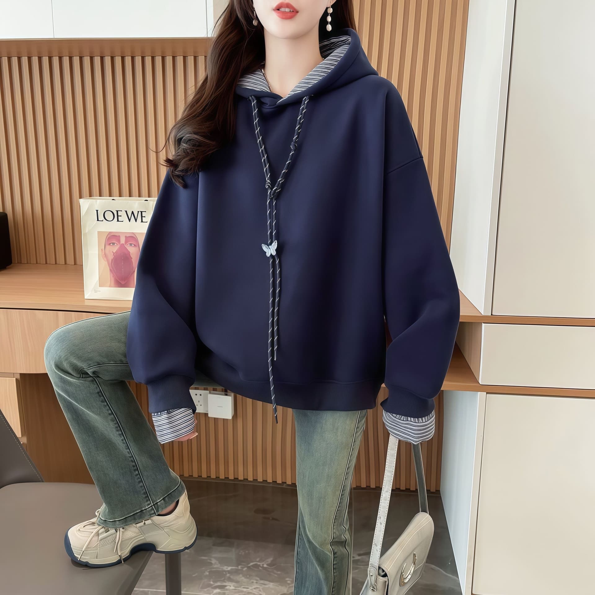 실사 가을 얇은 스타일 순수한 Mianhua 면 복잡한 우유 실크 후드 패치워크 색상 페이크 레이어드 POLO 칼라 후드티 빅 사이즈 재킷 상세 이미지 17