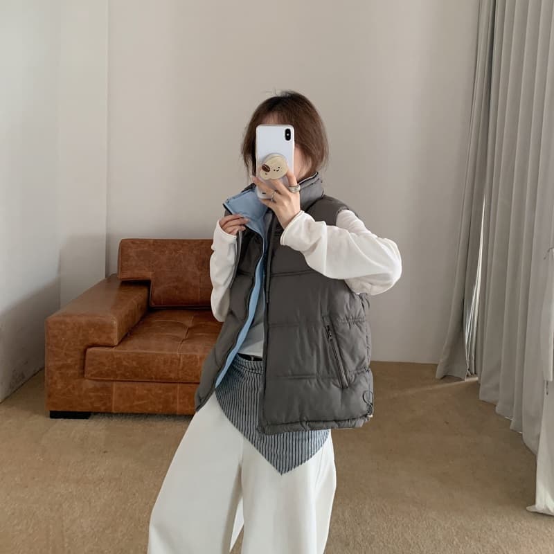 한국 스타일 양성 및 음성 양면 착용 가을 겨울 조끼 여자 스탠드 칼라 지퍼 민소매 어깨 패션 다용도 빛 조끼 자켓 이미지 4
