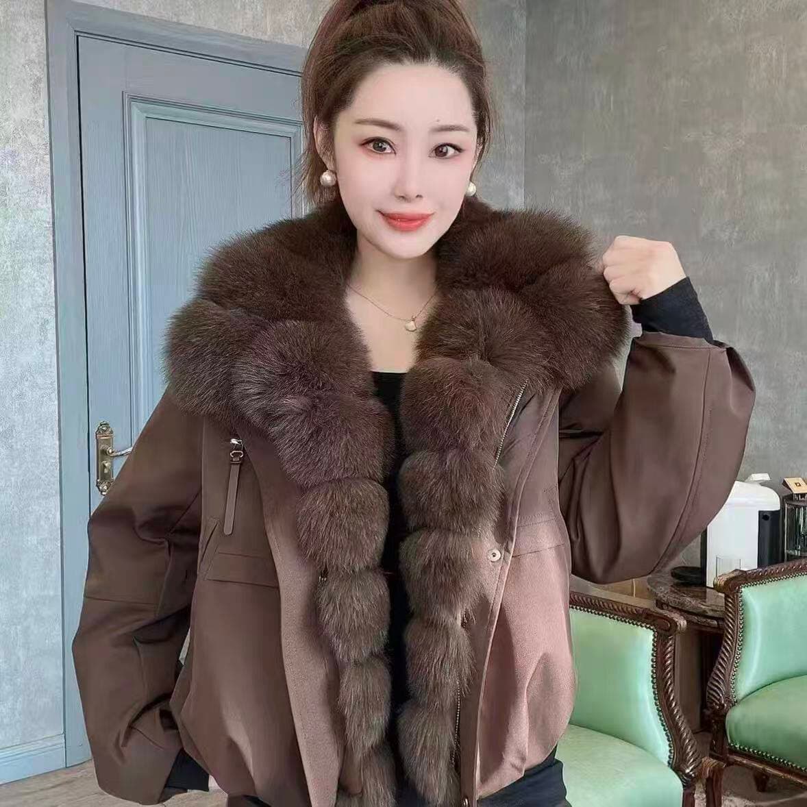 2026 새로운 모방 여우 모피 칼라 아래 면화 의류 여성 짧은 패션 루즈핏 두꺼운 Parker 세트