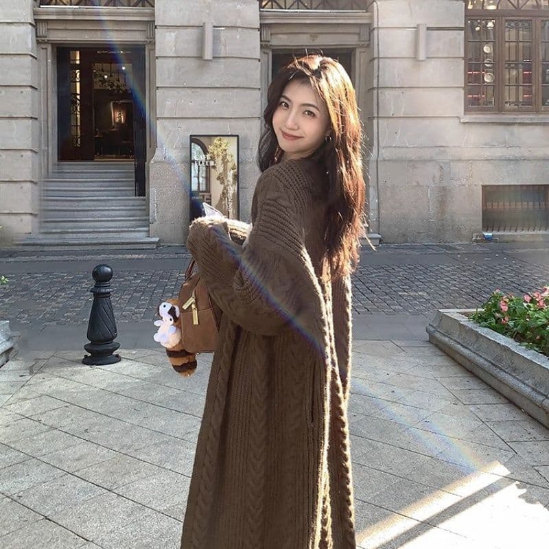 원본 좋은 품질 롱 코트 꽈배기 스웨터 여성 코트 가을 겨울 루즈핏 느긋한 바람 니트 스웨터 두꺼운 오픈 가디건 상세 이미지 32