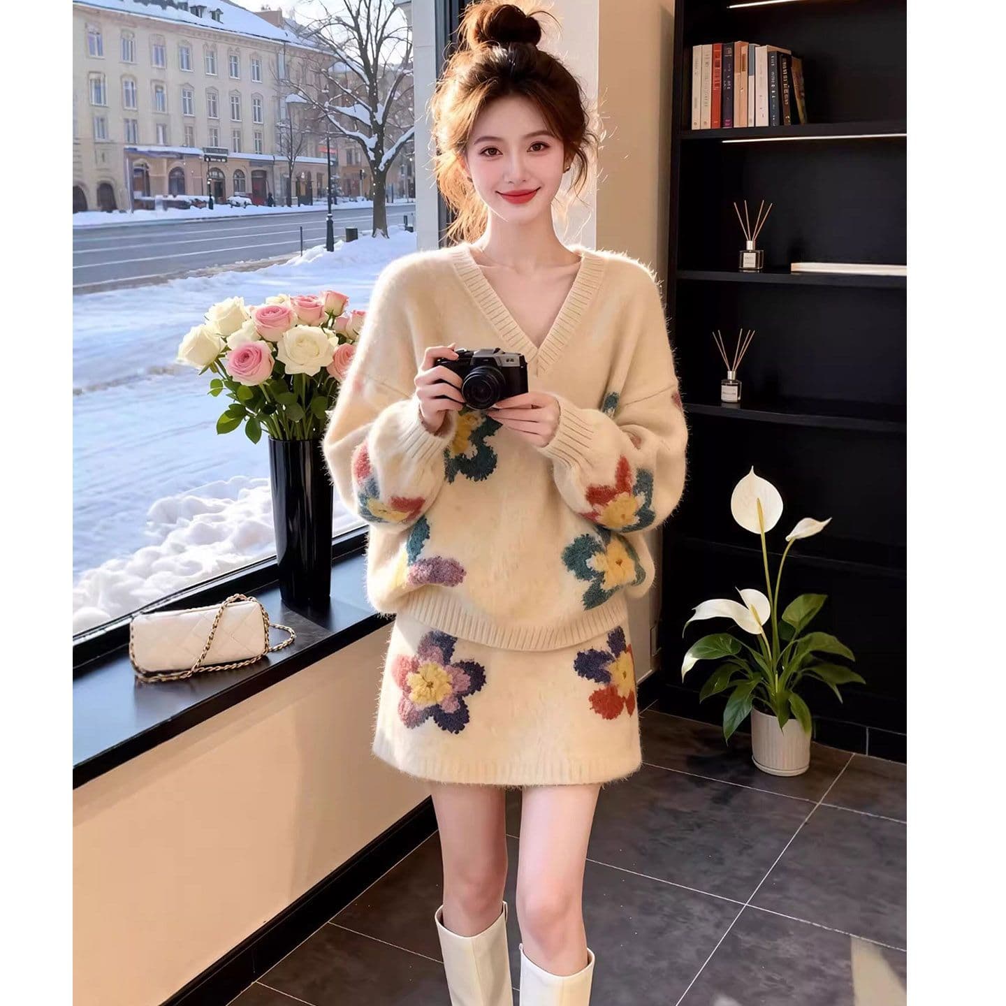 원본 좋은 품질 가을 겨울 의류 코디 에이즈 환자 세트 새로운 부드러운 찹쌀 핫걸 꽃 V넥 스웨터 미니 스커트 고급 이미지 5