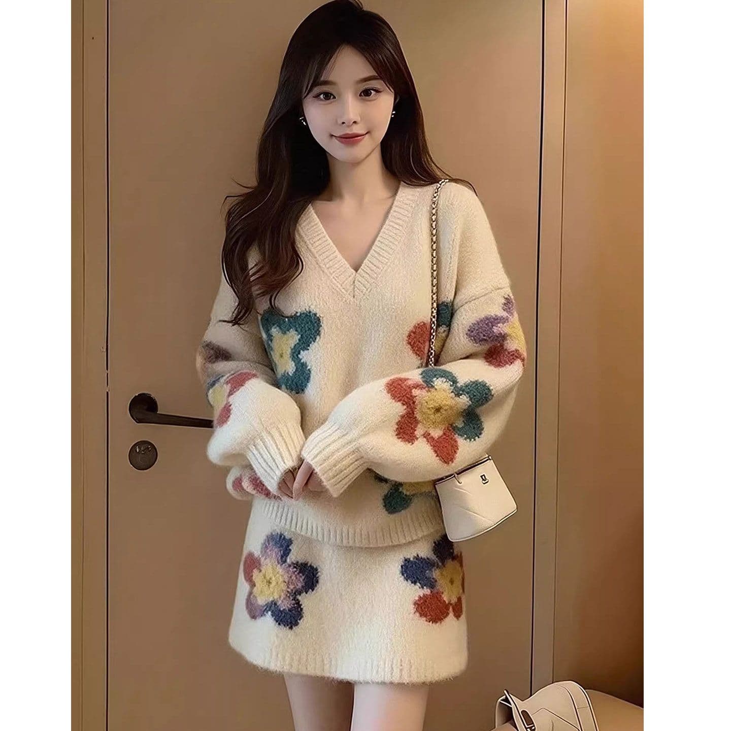 원본 좋은 품질 가을 겨울 의류 코디 에이즈 환자 세트 새로운 부드러운 찹쌀 핫걸 꽃 V넥 스웨터 미니 스커트 고급 상세 이미지 4
