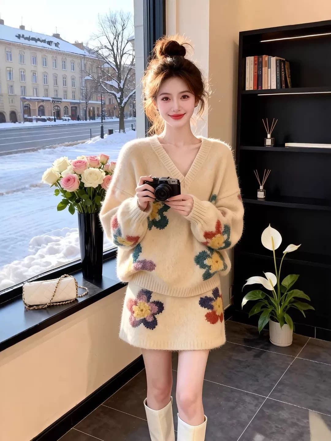 원본 좋은 품질 가을 겨울 의류 코디 에이즈 환자 세트 새로운 부드러운 찹쌀 핫걸 꽃 V넥 스웨터 미니 스커트 고급 상세 이미지 7