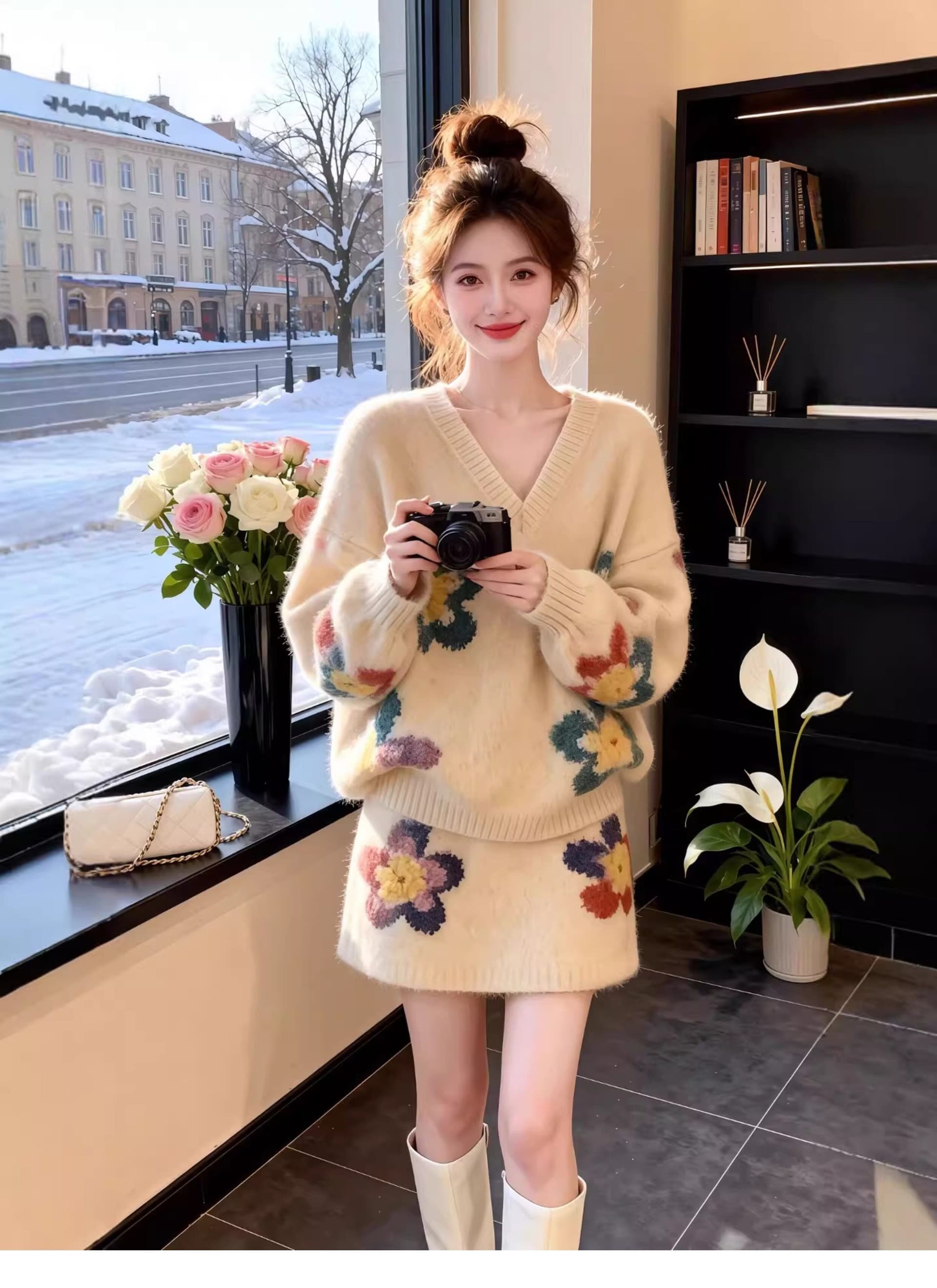 원본 좋은 품질 가을 겨울 의류 코디 에이즈 환자 세트 새로운 부드러운 찹쌀 핫걸 꽃 V넥 스웨터 미니 스커트 고급 상세 이미지 8