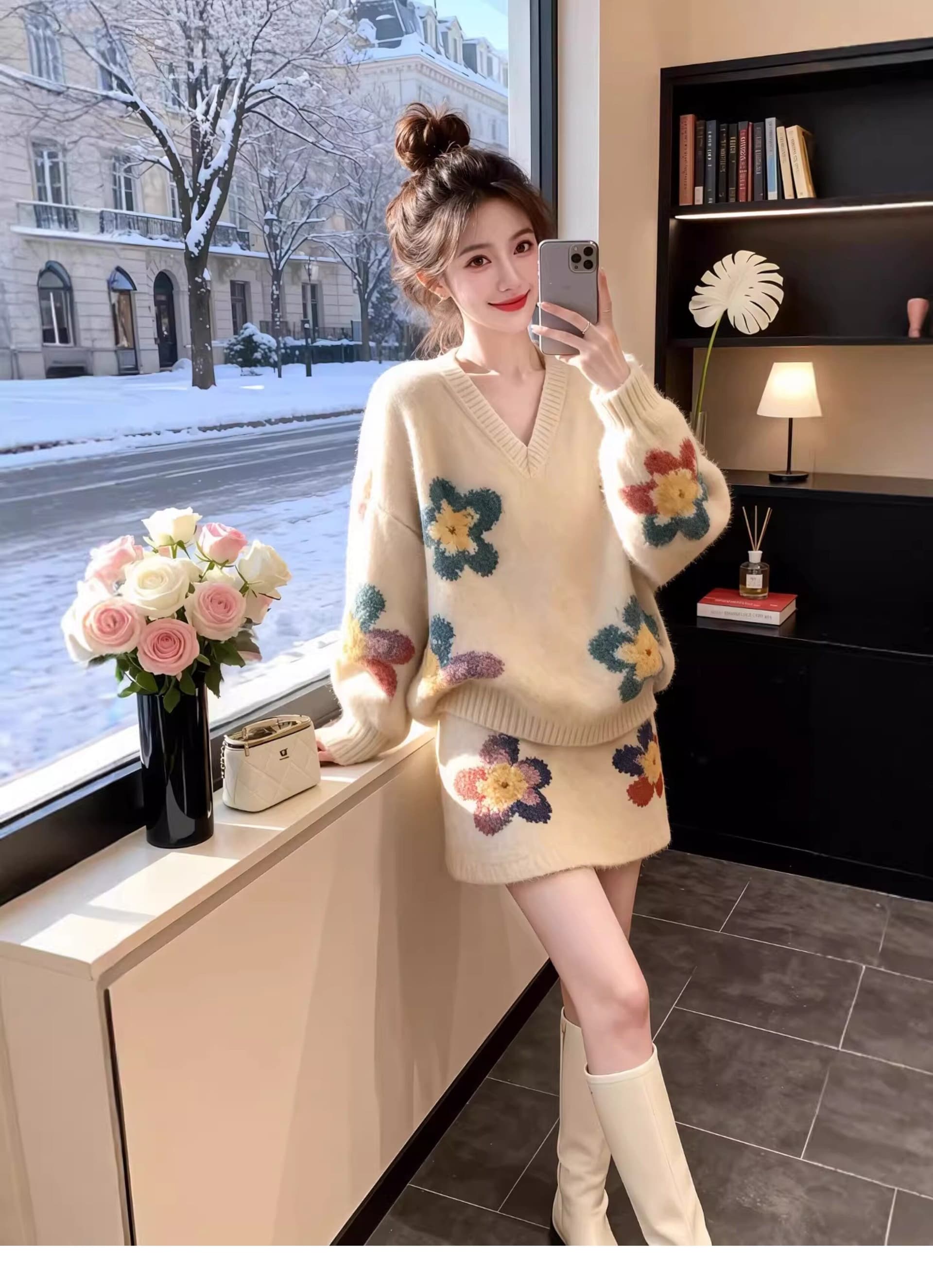 원본 좋은 품질 가을 겨울 의류 코디 에이즈 환자 세트 새로운 부드러운 찹쌀 핫걸 꽃 V넥 스웨터 미니 스커트 고급 상세 이미지 9