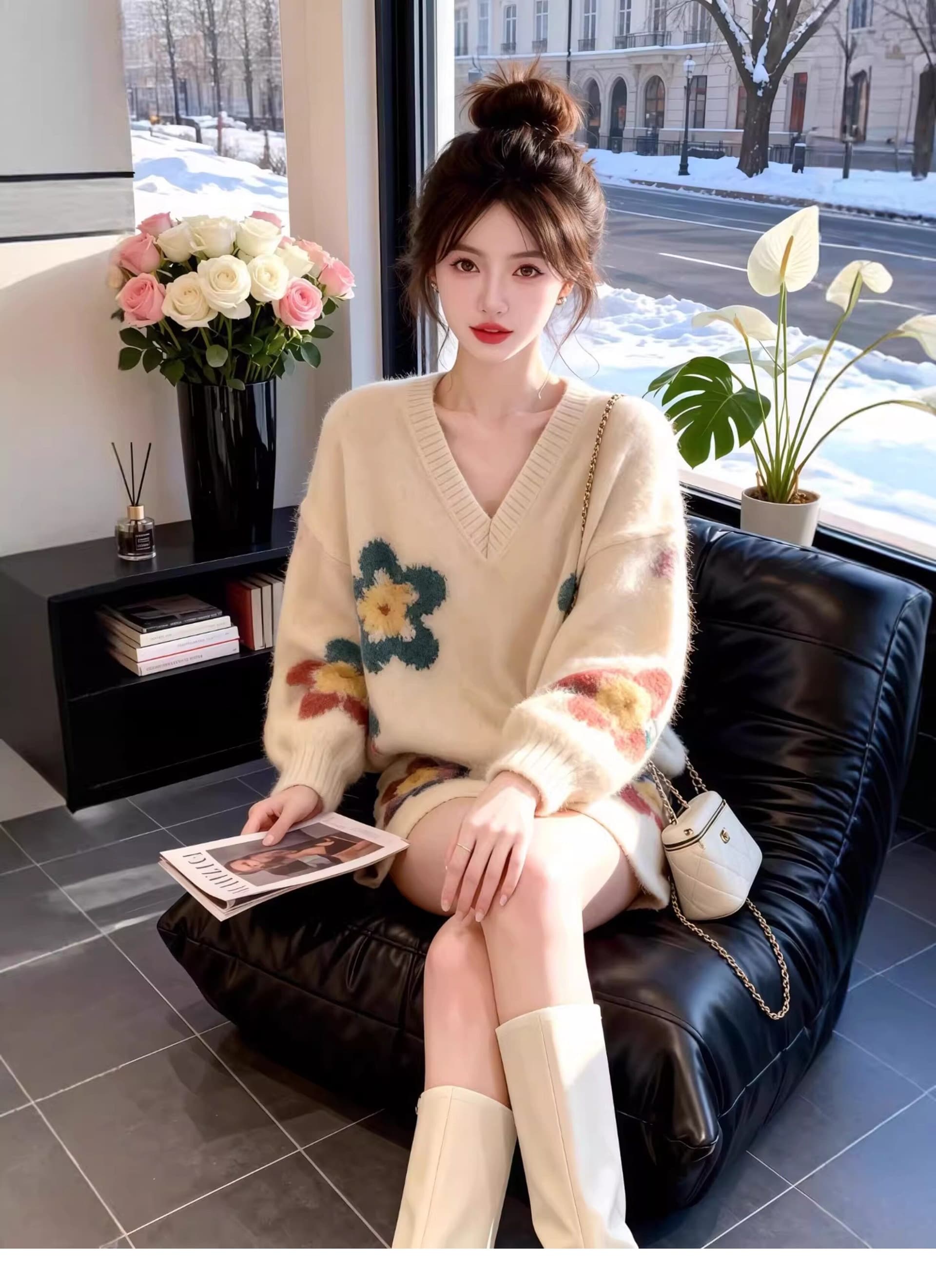 원본 좋은 품질 가을 겨울 의류 코디 에이즈 환자 세트 새로운 부드러운 찹쌀 핫걸 꽃 V넥 스웨터 미니 스커트 고급 상세 이미지 10