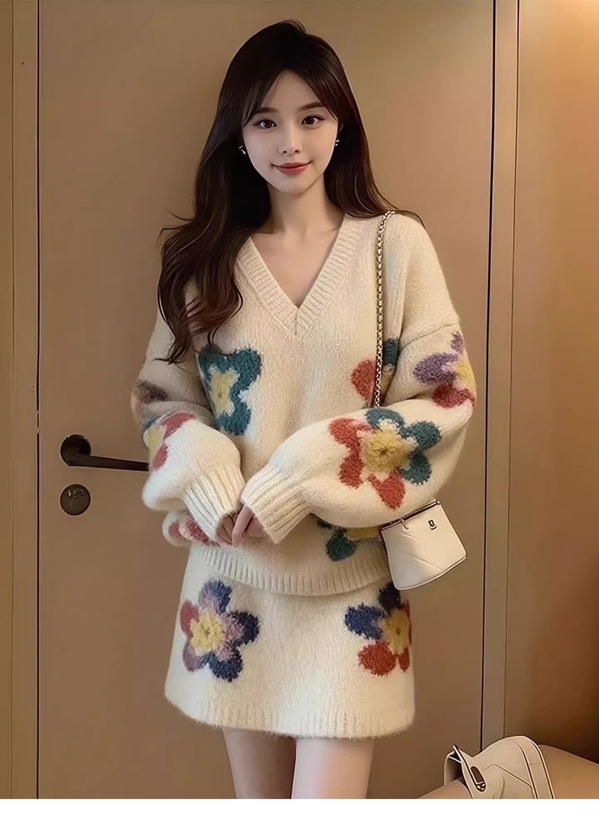 원본 좋은 품질 가을 겨울 의류 코디 에이즈 환자 세트 새로운 부드러운 찹쌀 핫걸 꽃 V넥 스웨터 미니 스커트 고급 상세 이미지 13