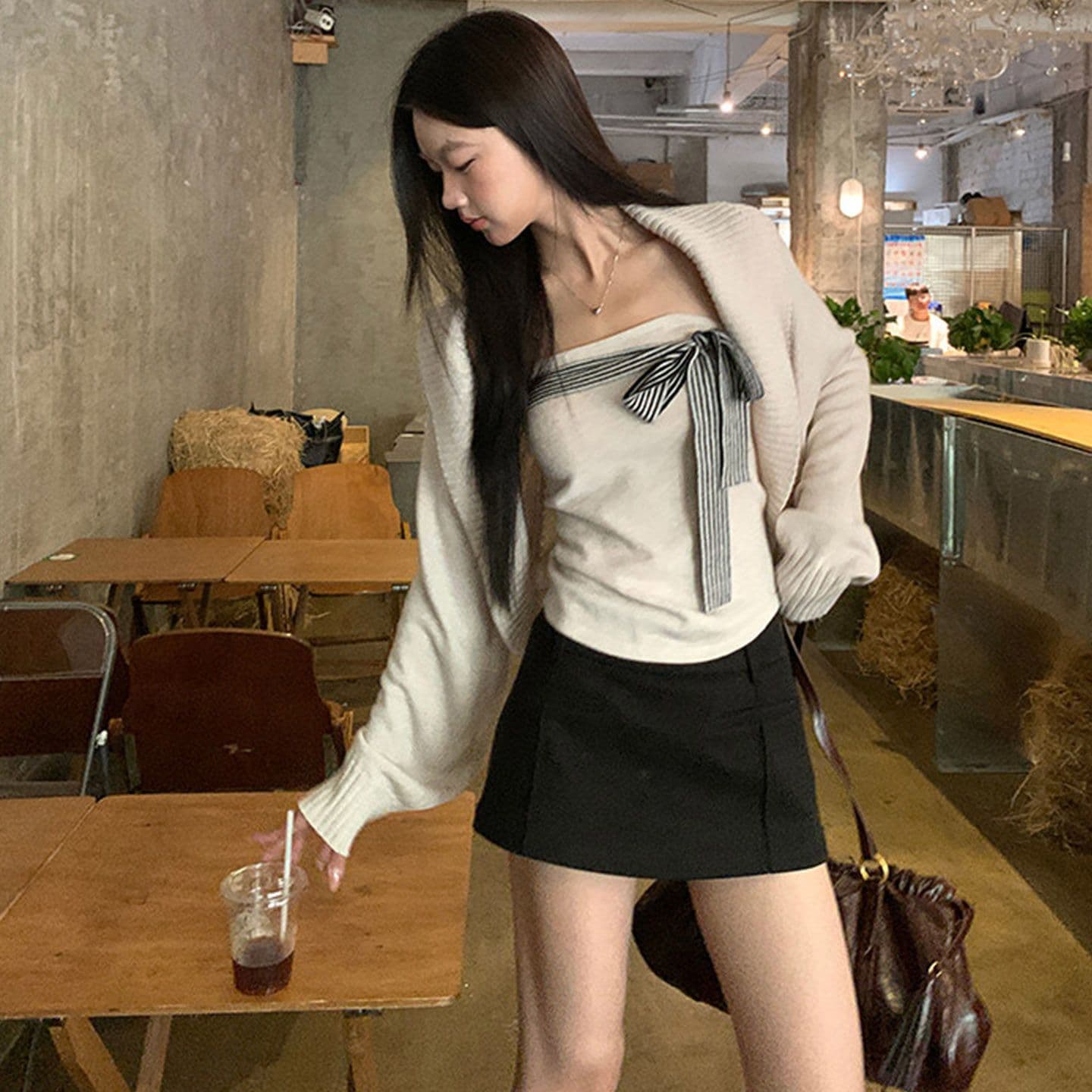 원본 좋은 품질 스웨터 세트 인사이드 가져 가라. 스트라이프 리본 튜브탑 조끼 어깨 니트 오픈 가디건 맨위 투피스 세트 상세 이미지 5