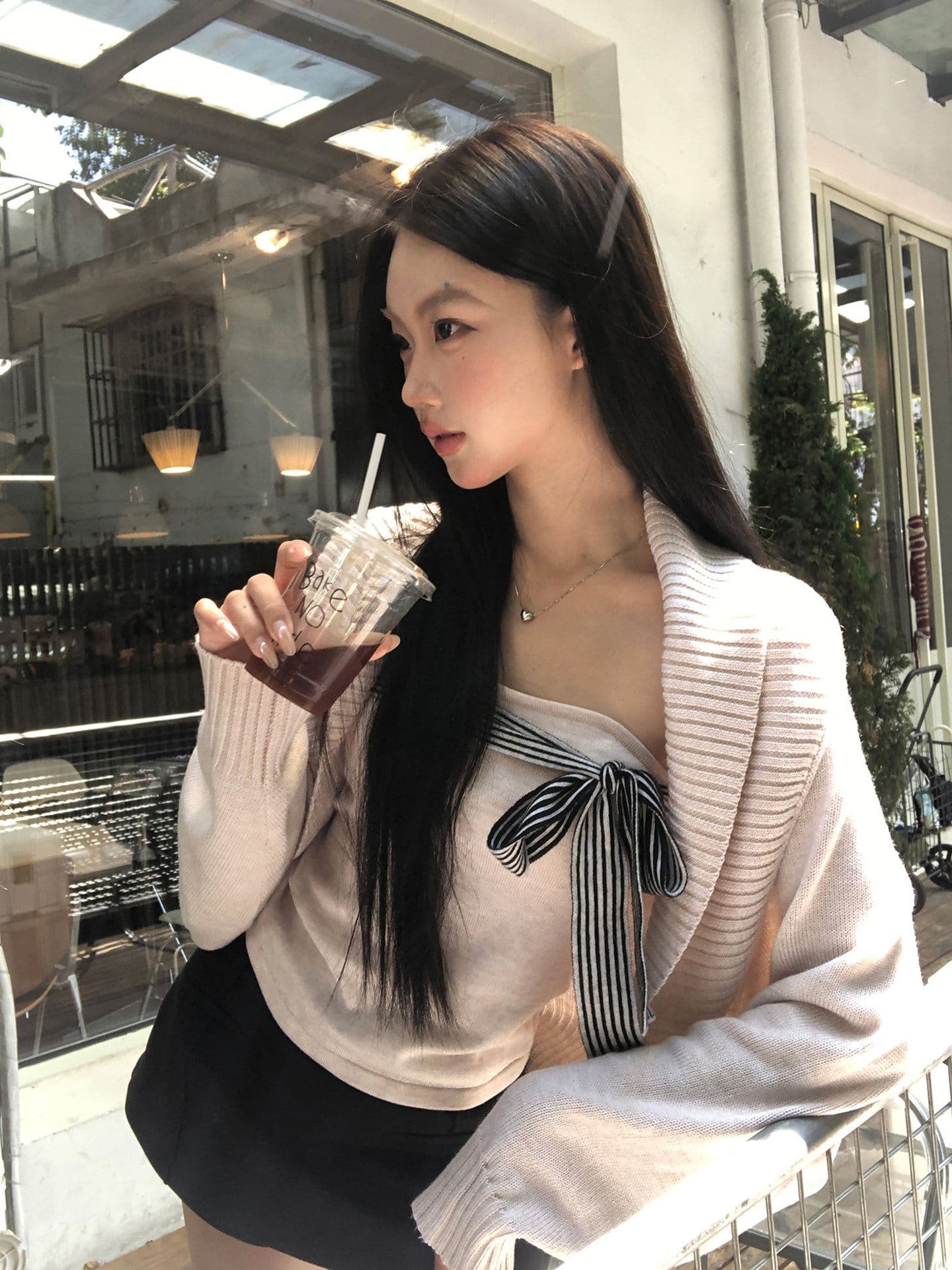 원본 좋은 품질 스웨터 세트 인사이드 가져 가라. 스트라이프 리본 튜브탑 조끼 어깨 니트 오픈 가디건 맨위 투피스 세트 상세 이미지 8
