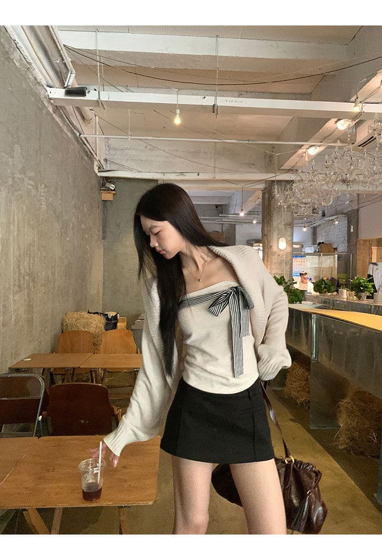원본 좋은 품질 스웨터 세트 인사이드 가져 가라. 스트라이프 리본 튜브탑 조끼 어깨 니트 오픈 가디건 맨위 투피스 세트 상세 이미지 21