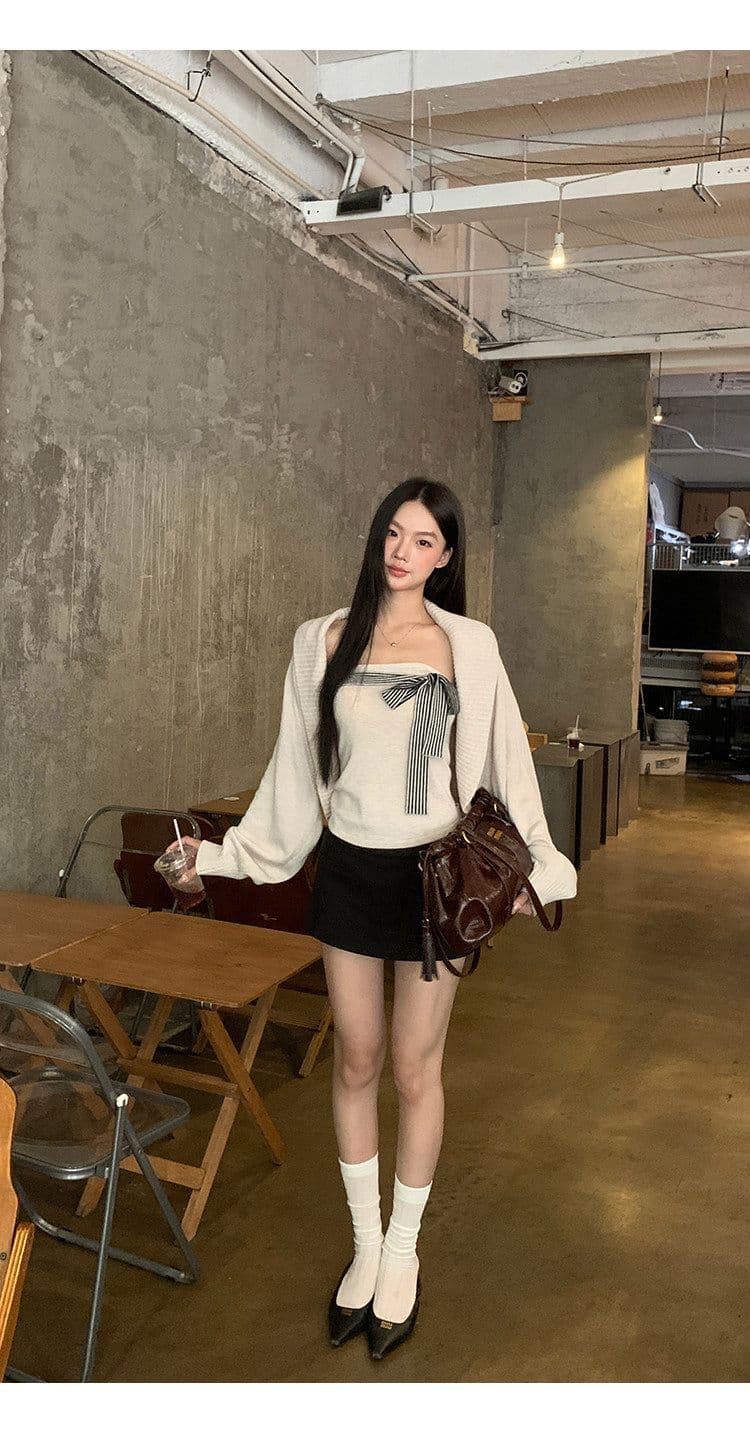 원본 좋은 품질 스웨터 세트 인사이드 가져 가라. 스트라이프 리본 튜브탑 조끼 어깨 니트 오픈 가디건 맨위 투피스 세트 상세 이미지 23