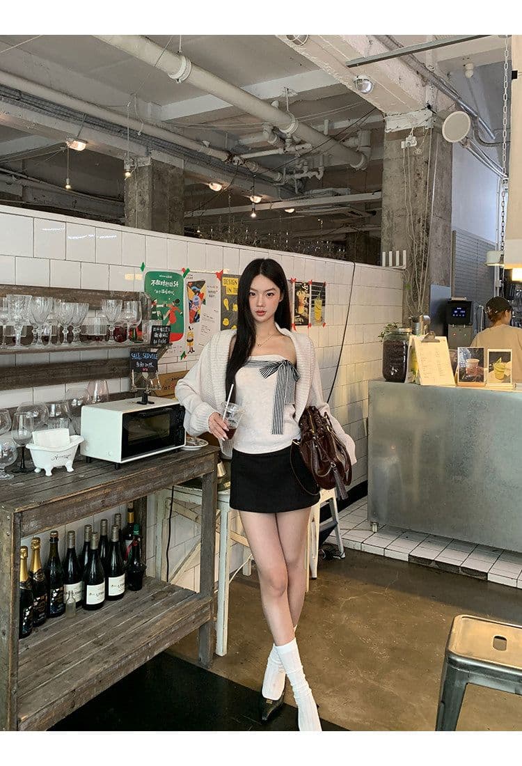 원본 좋은 품질 스웨터 세트 인사이드 가져 가라. 스트라이프 리본 튜브탑 조끼 어깨 니트 오픈 가디건 맨위 투피스 세트 상세 이미지 28
