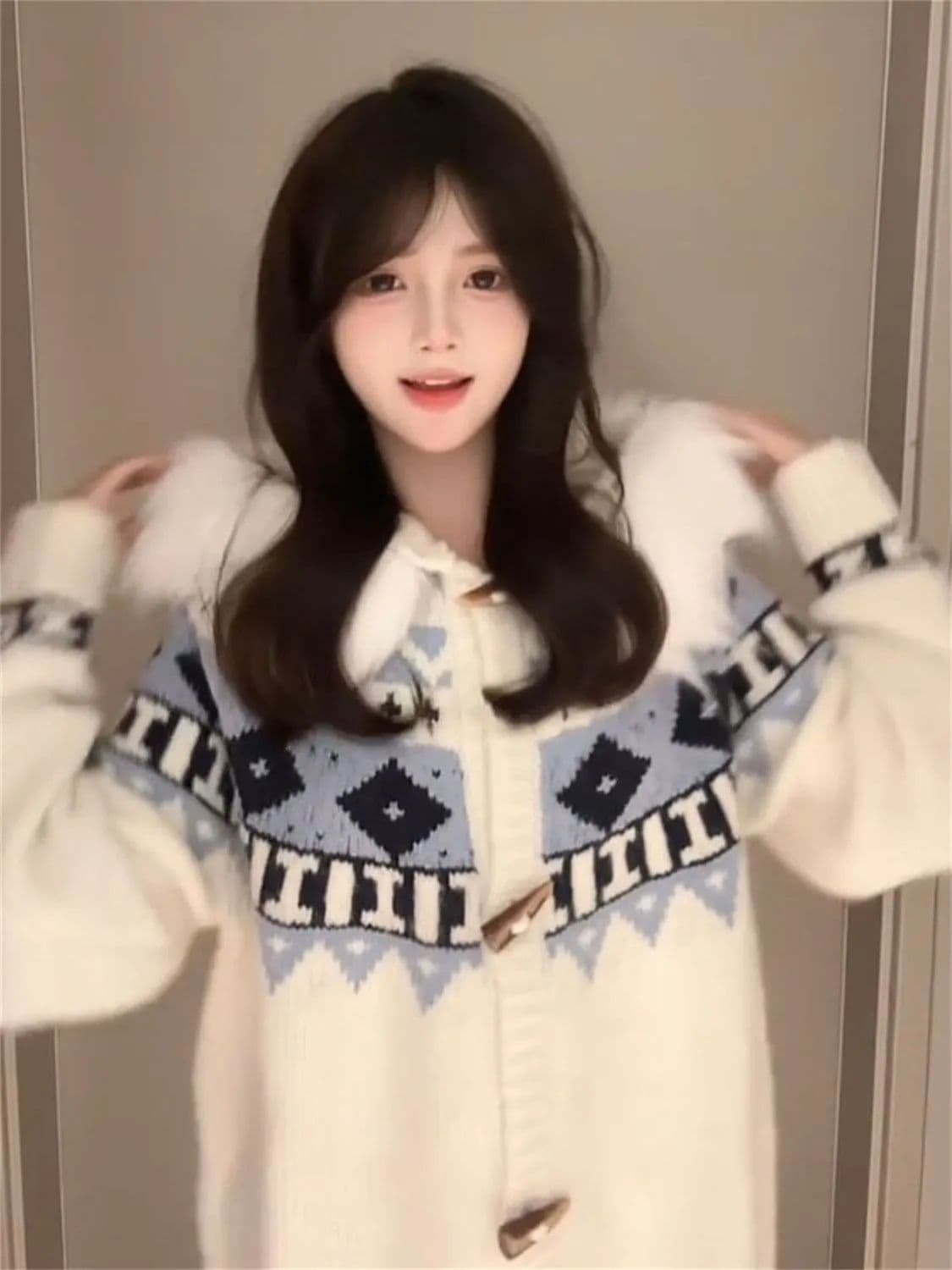 대 에디션 한 부서 귀여운 모피 칼라 후드 스웨터 여자 가을 겨울철 공정한 섬 자카드 루즈핏 니트 재킷 상세 이미지 2