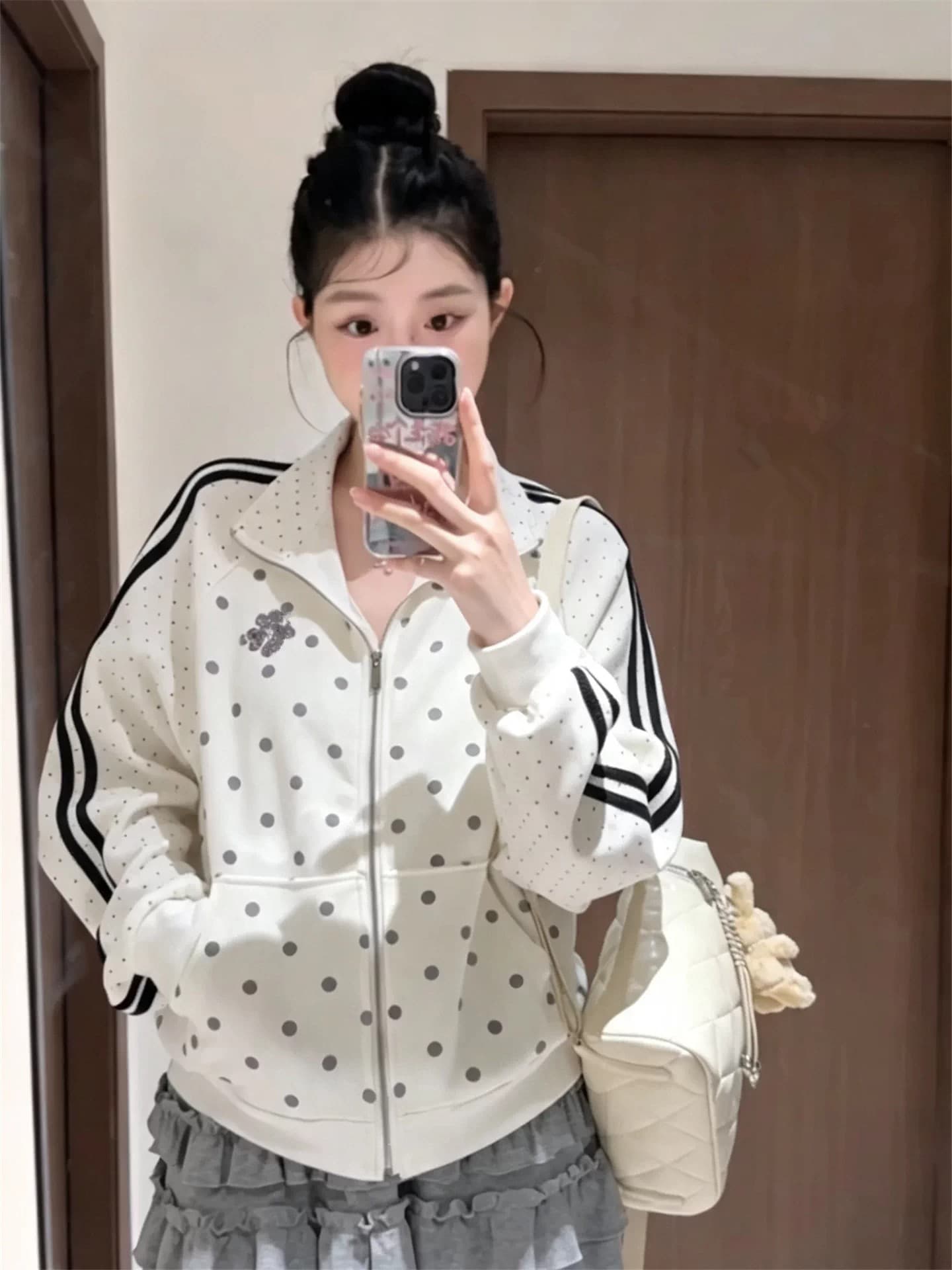 한 부서 도트 무늬 여성 코트 가을 새로운 oversize 작은 대중 스탠드 칼라 루즈핏 야구 유니폼 캐주얼 운동 재킷 상세 이미지 4