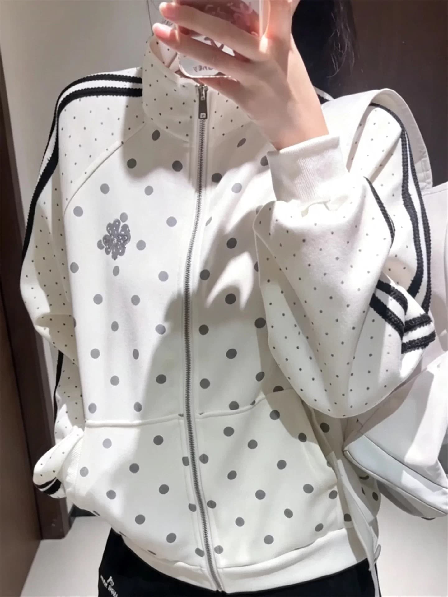 한 부서 도트 무늬 여성 코트 가을 새로운 oversize 작은 대중 스탠드 칼라 루즈핏 야구 유니폼 캐주얼 운동 재킷 상세 이미지 5