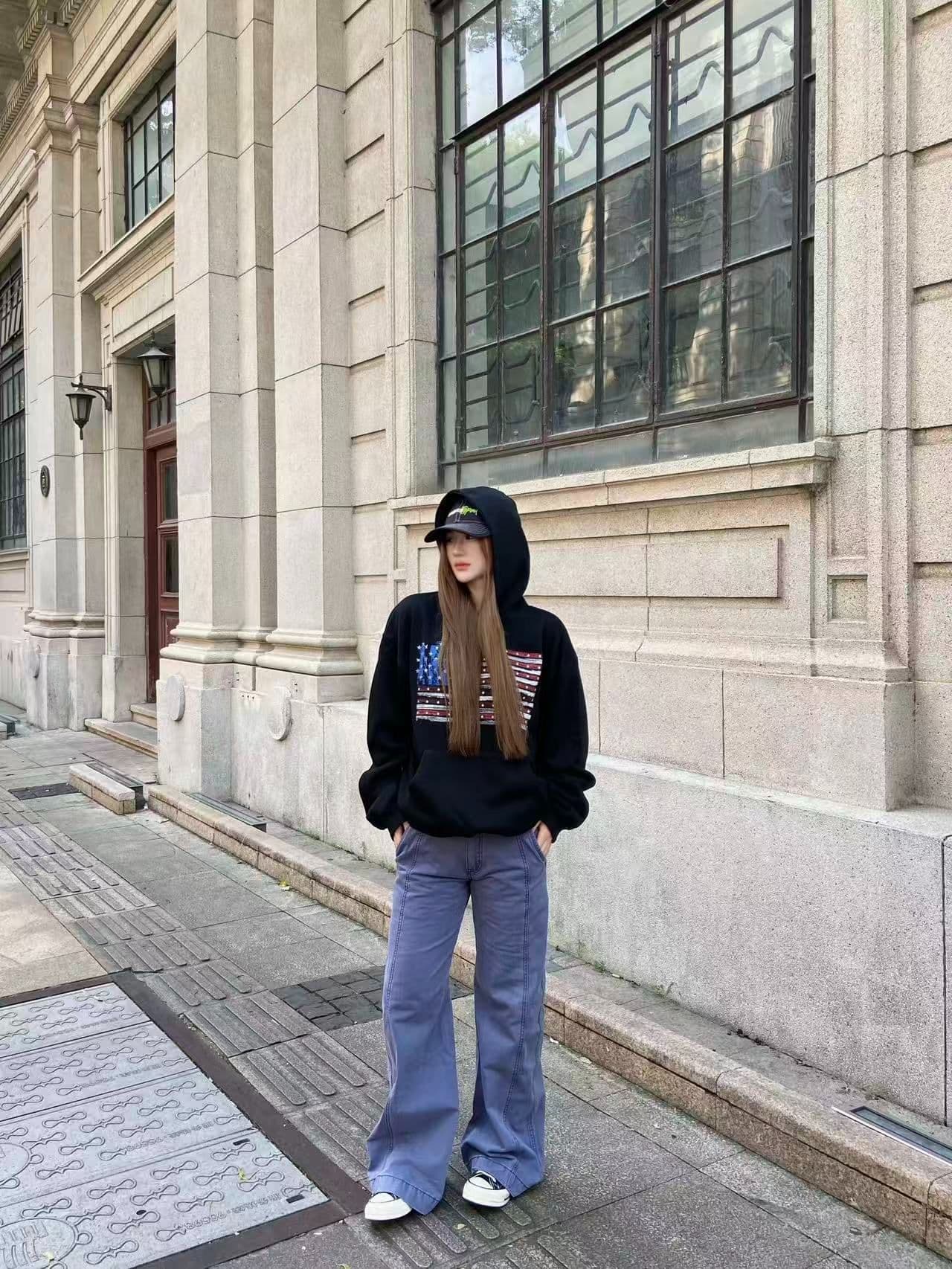 후아 면 복합 없음 모자 로프 있음 주머니 후드 티 스웨터 여성 프린트 얇은 스타일 털이 있는 상세 이미지 4