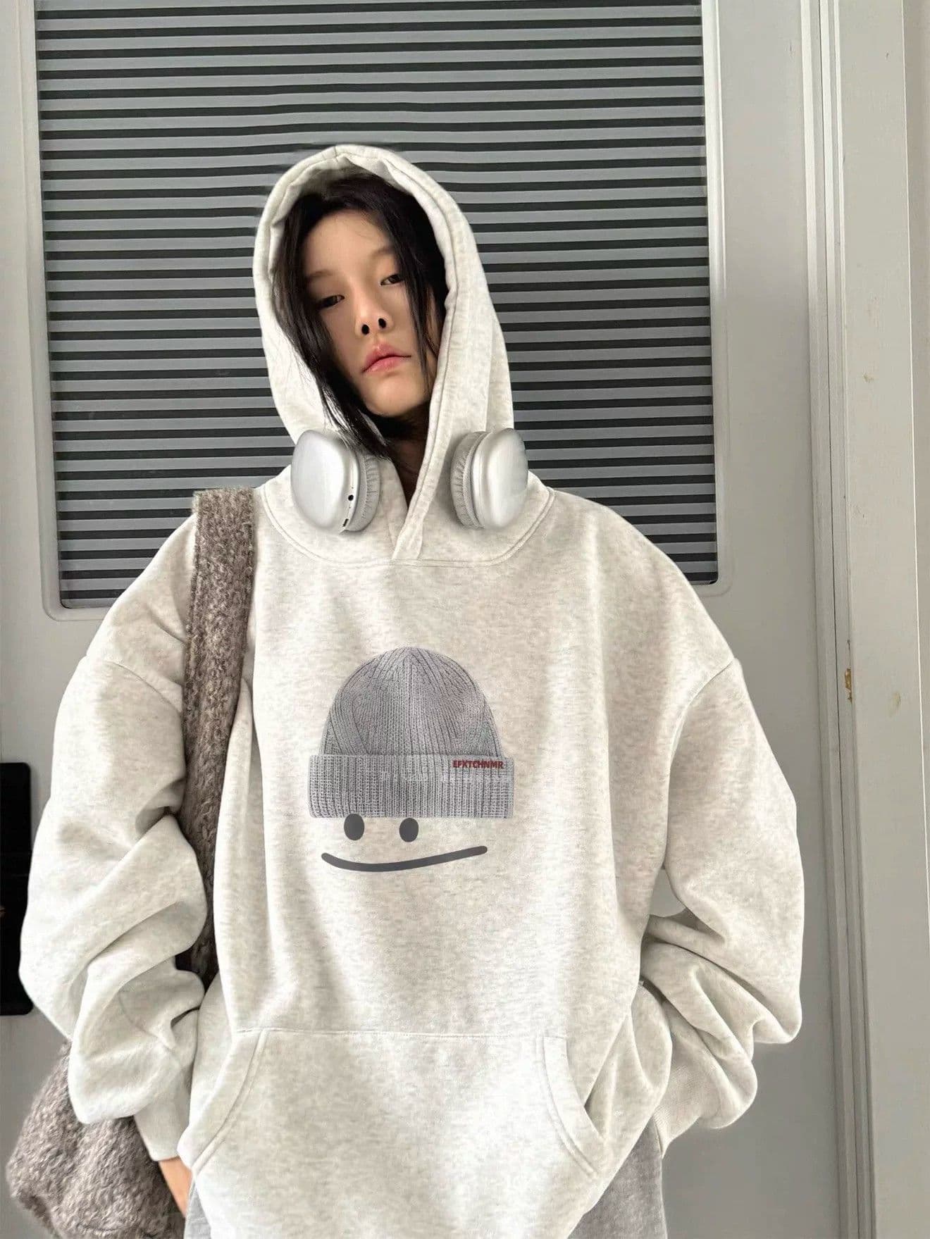 후아 면 복합 없음 모자 로프 있음 주머니 후드 티 스웨터 여성 프린트 얇은 스타일 털이 있는 이미지 3