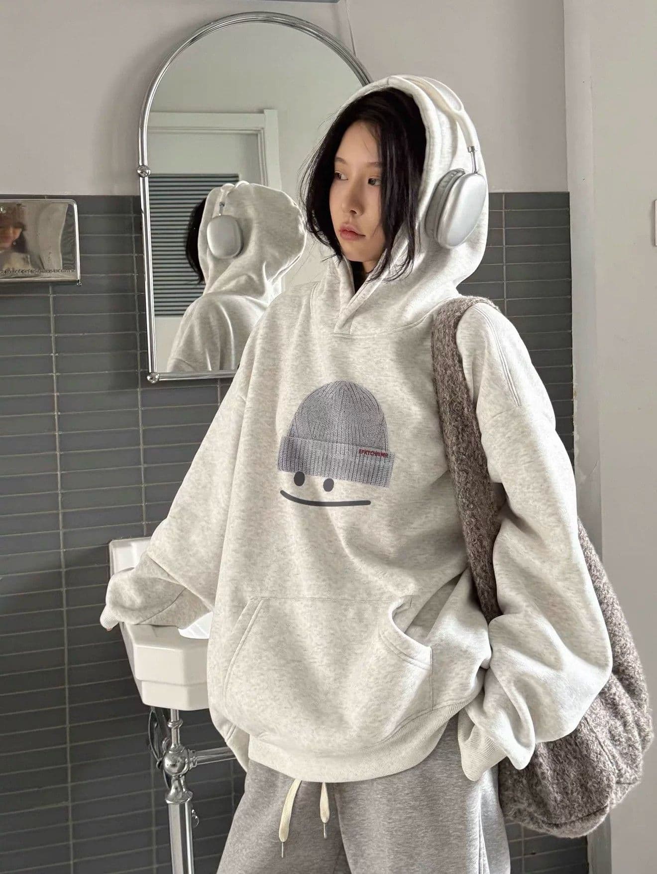 후아 면 복합 없음 모자 로프 있음 주머니 후드 티 스웨터 여성 프린트 얇은 스타일 털이 있는 이미지 4