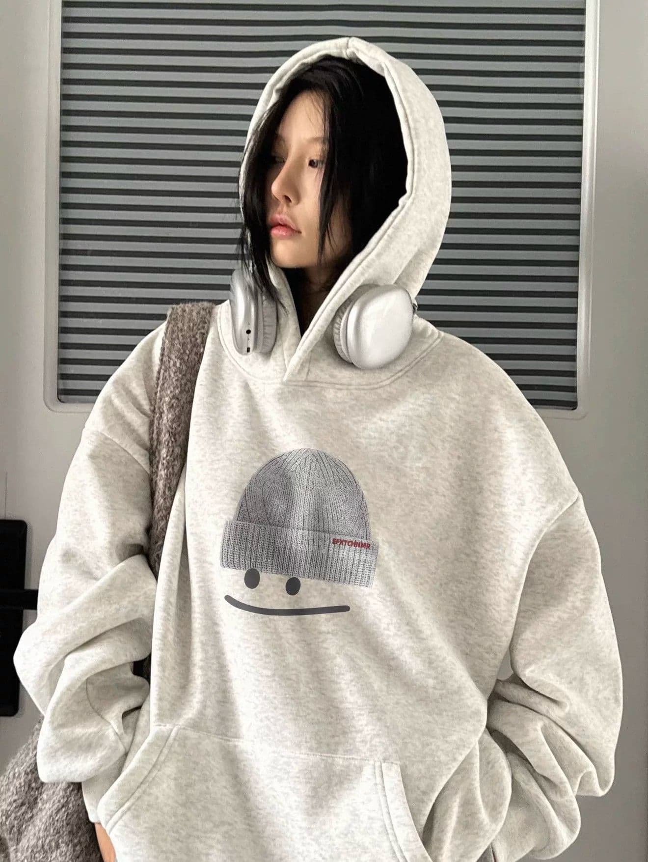 후아 면 복합 없음 모자 로프 있음 주머니 후드 티 스웨터 여성 프린트 얇은 스타일 털이 있는 상세 이미지 7