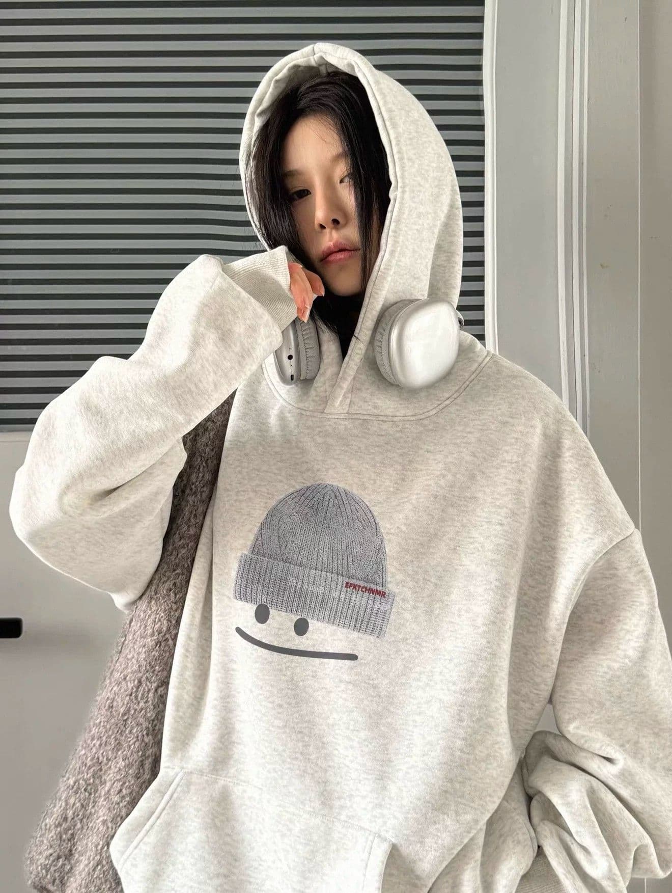 후아 면 복합 없음 모자 로프 있음 주머니 후드 티 스웨터 여성 프린트 얇은 스타일 털이 있는 상세 이미지 8