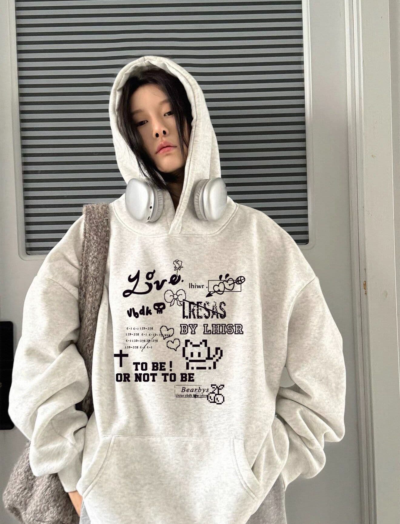 후아 면 복합 없음 모자 로프 있음 주머니 후드 티 스웨터 여성 프린트 얇은 스타일 털이 있는