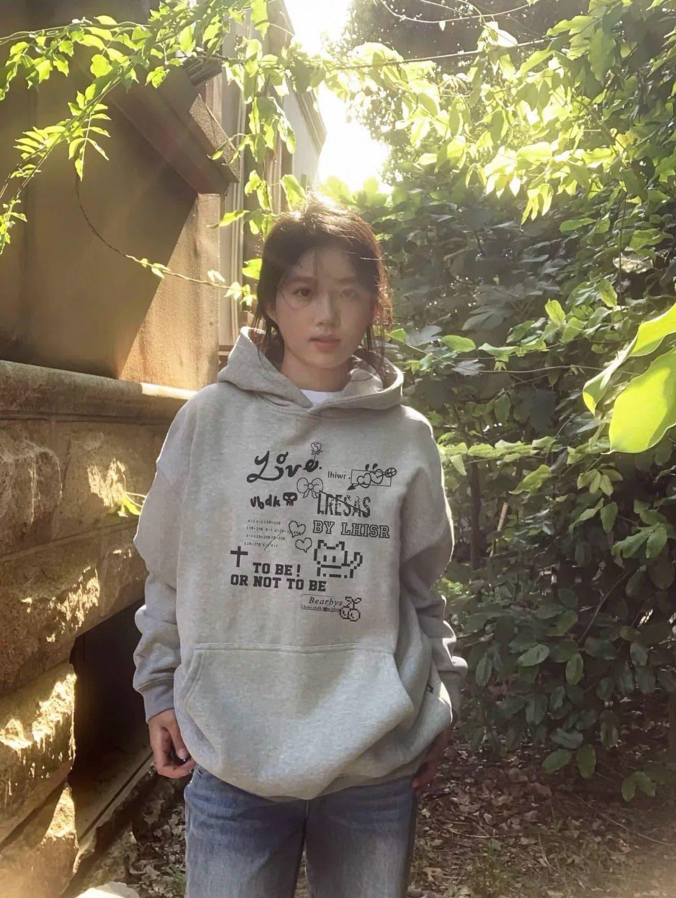 후아 면 복합 없음 모자 로프 있음 주머니 후드 티 스웨터 여성 프린트 얇은 스타일 털이 있는 상세 이미지 6