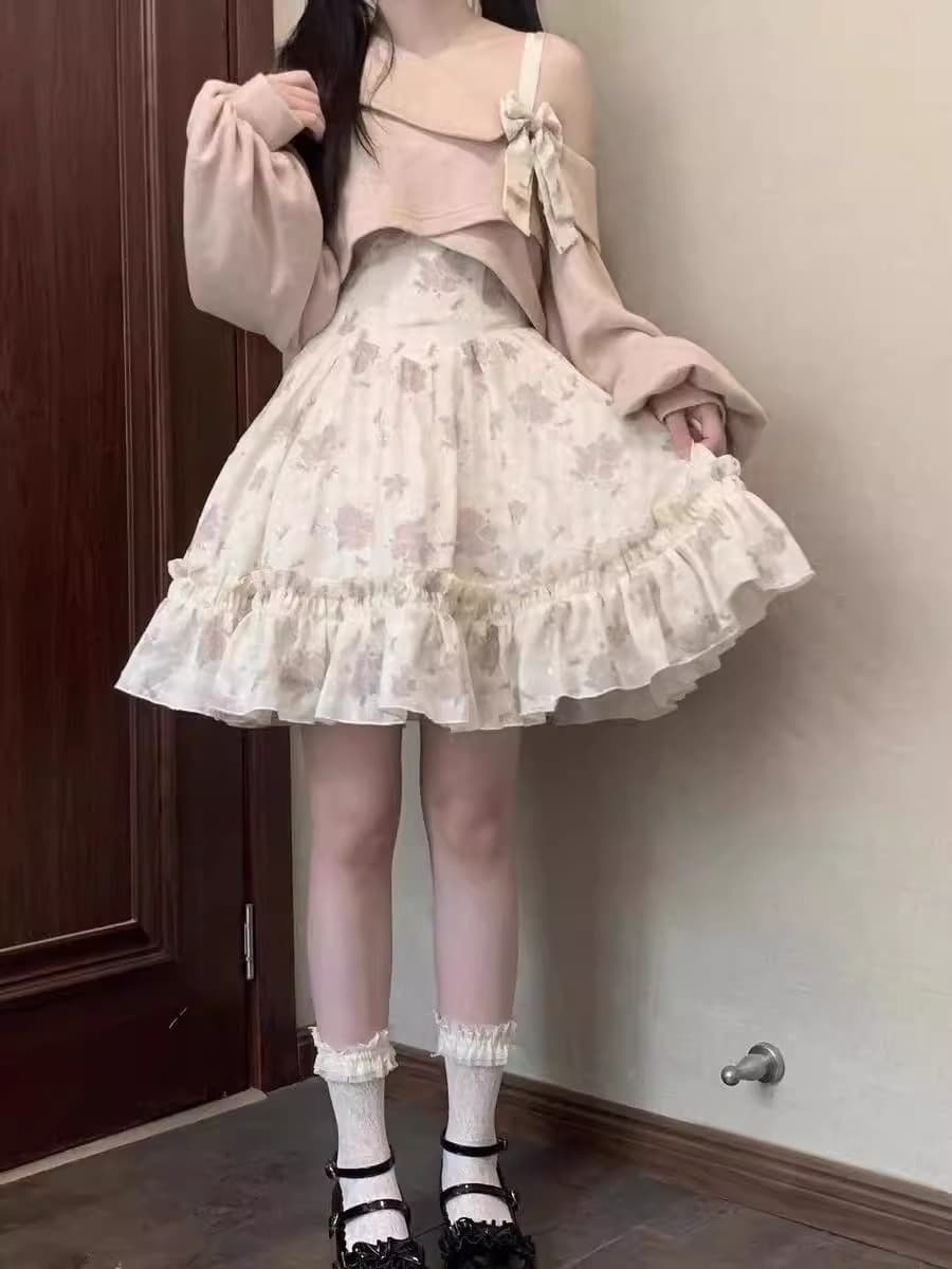 차 휴식 프랑스식 장미 꽃무늬 살구 분말 장미 슬립 드레스 핑크색 재킷 우아함 드레스 새로운 투피스 세트