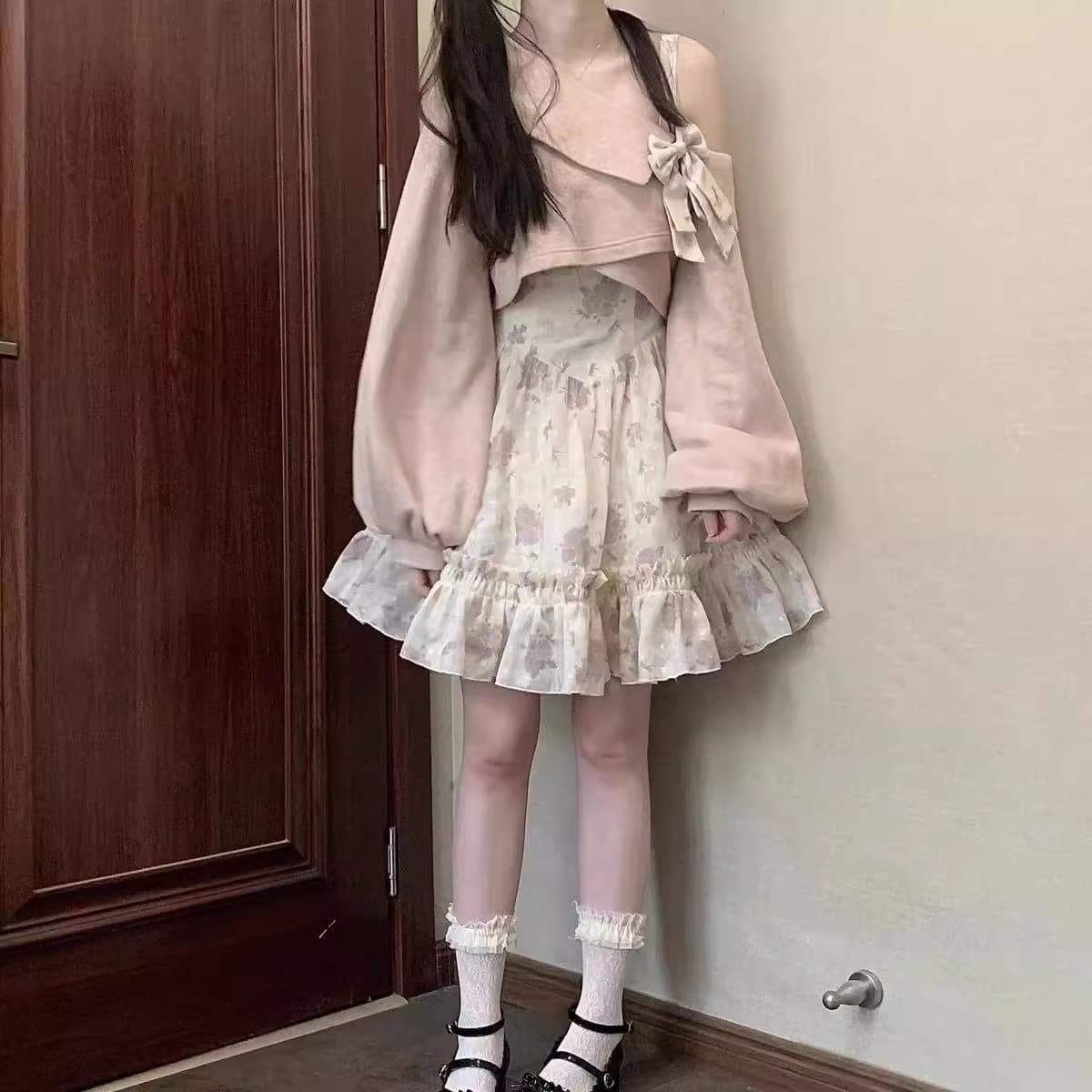 차 휴식 프랑스식 장미 꽃무늬 살구 분말 장미 슬립 드레스 핑크색 재킷 우아함 드레스 새로운 투피스 세트 상세 이미지 3