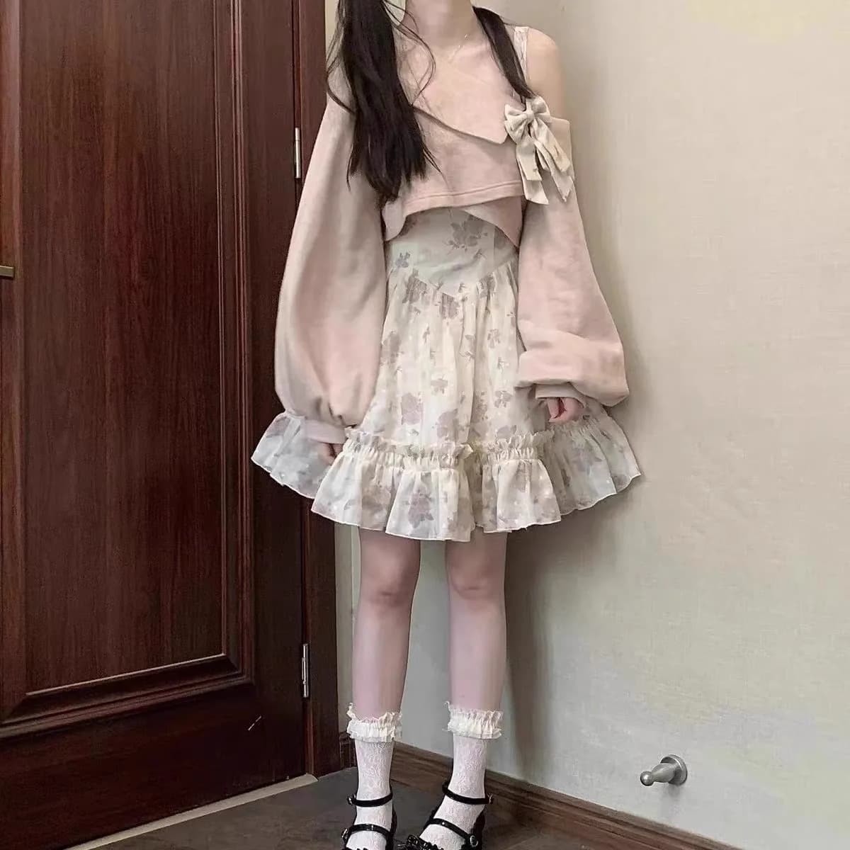 차 휴식 프랑스식 장미 꽃무늬 살구 분말 장미 슬립 드레스 핑크색 재킷 우아함 드레스 새로운 투피스 세트 상세 이미지 5