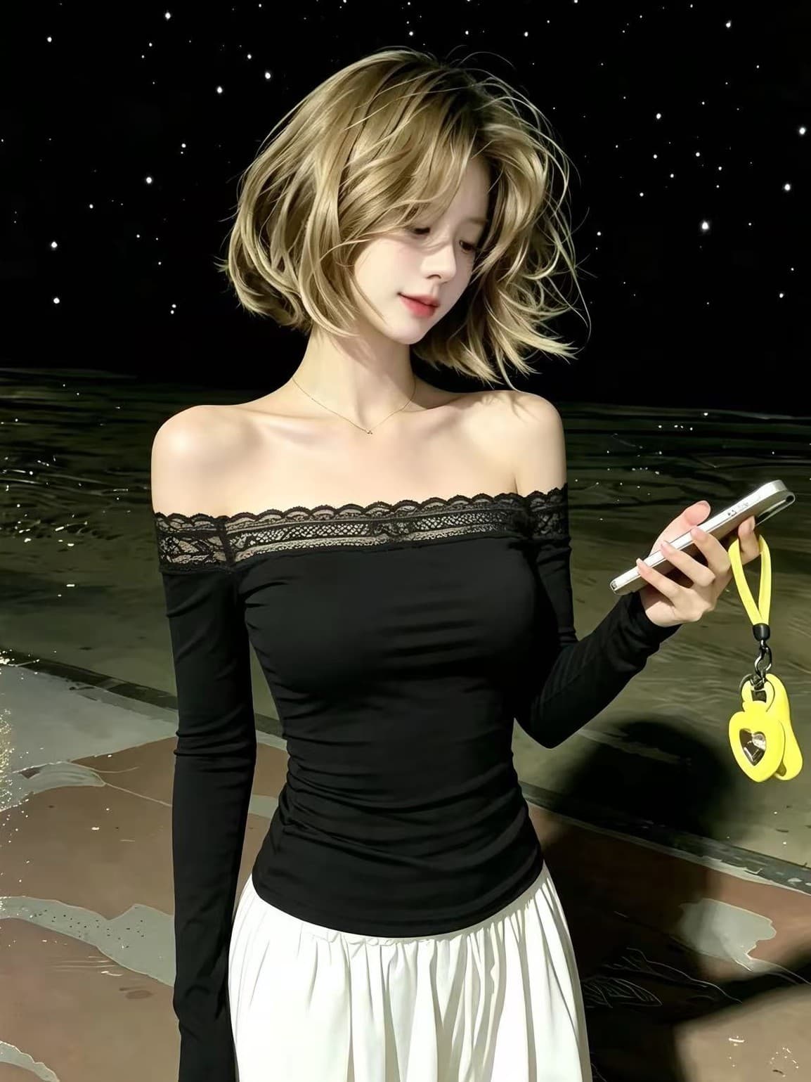 260 그램 사람들 면 한 부서 섹시함 검정색 오프숄더 긴팔 티셔츠 여성 이른 가을 레이스 조각 몸매 가꾸기 품격 맨위