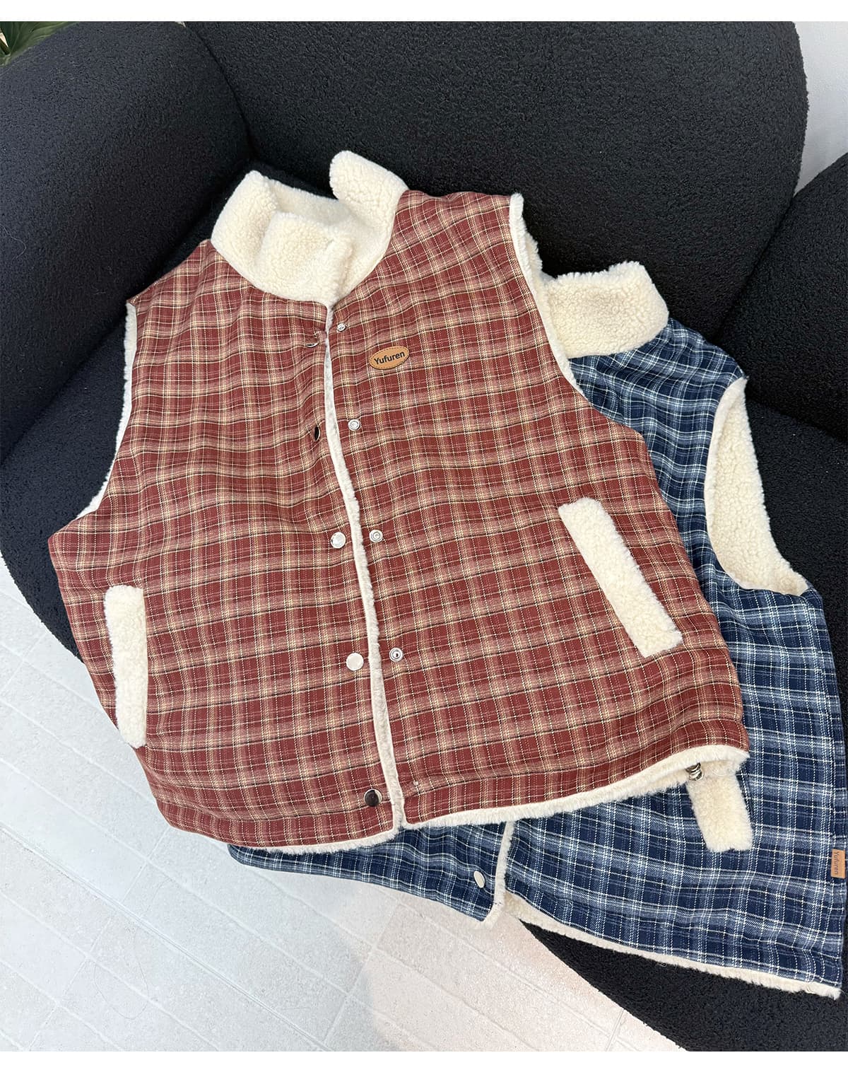 아메리칸 디자인 센스 양면 착용 체크무늬 플리스 면 옷 베스트 가을 겨울 루즈핏 캐주얼 보온 재킷 2026 상세 이미지 9